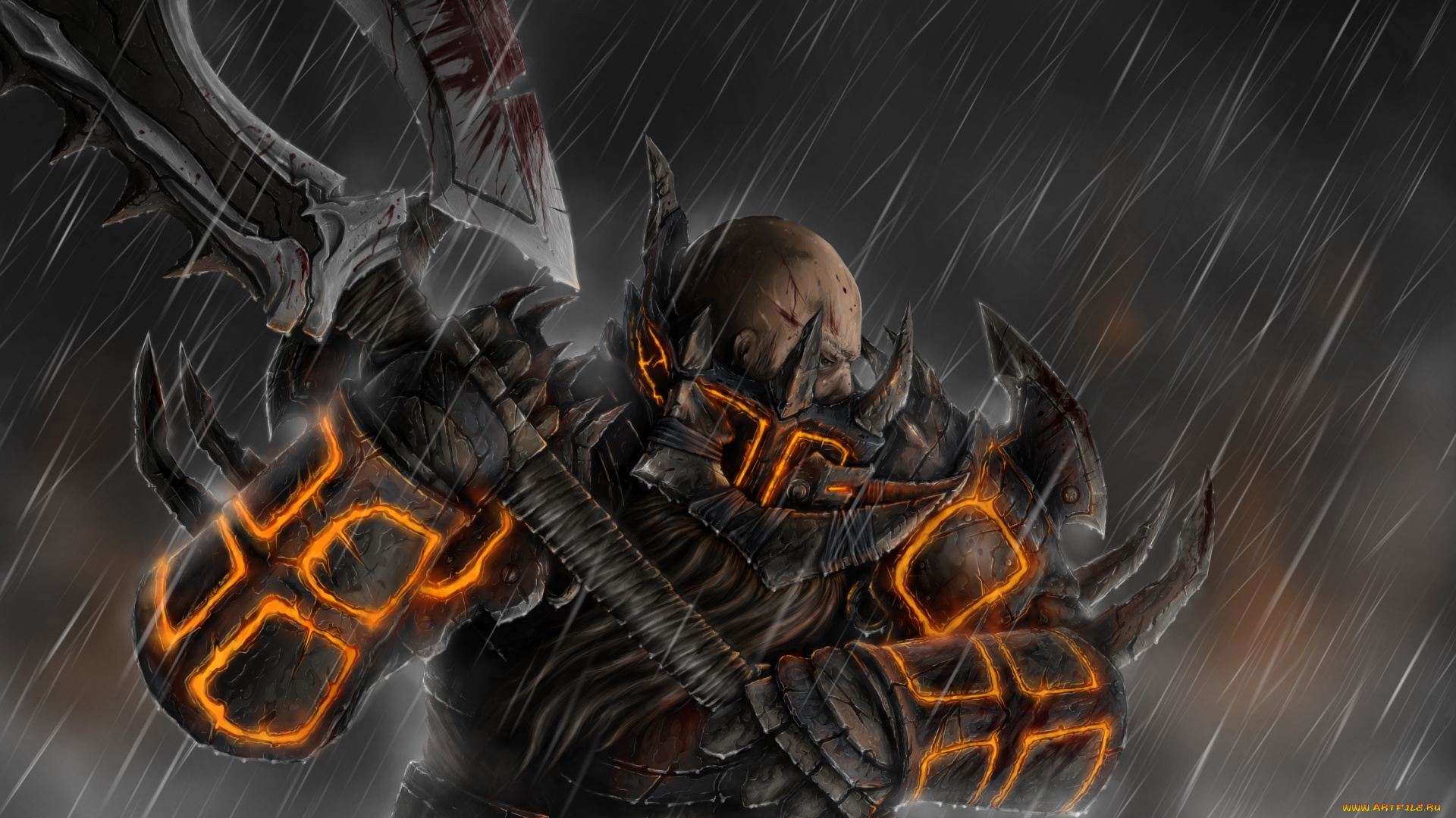 фэнтези, люди, дождь, мужчина, латы, топор