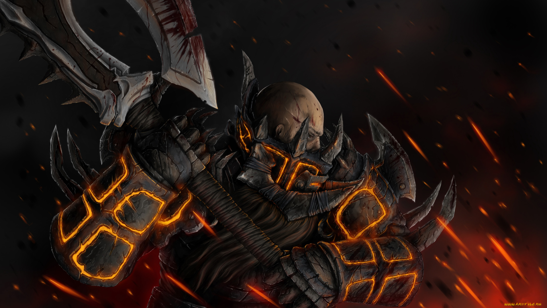 фэнтези, люди, искры, латы, топор, мужчина