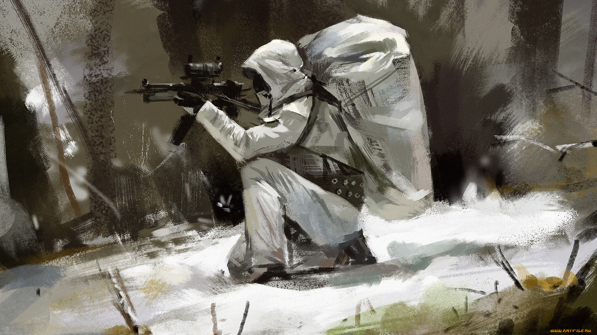 фэнтези, люди, камуфляж, автомат, солдат, зима, капюшон, снег