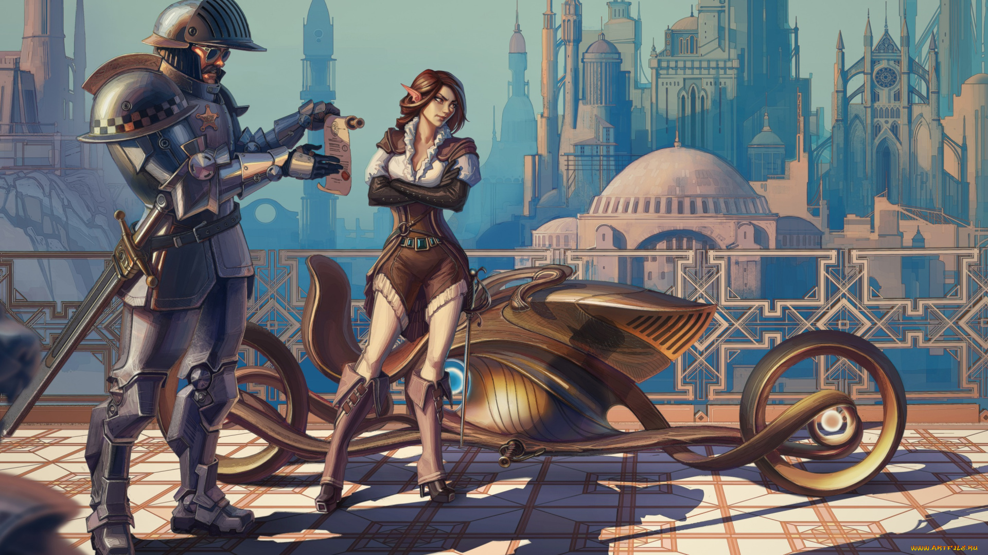 фэнтези, люди, задержание, эльф, арт, девушка, дорога, город, королесктво, телега, фантазия, полицейский, полиция, рыцарь