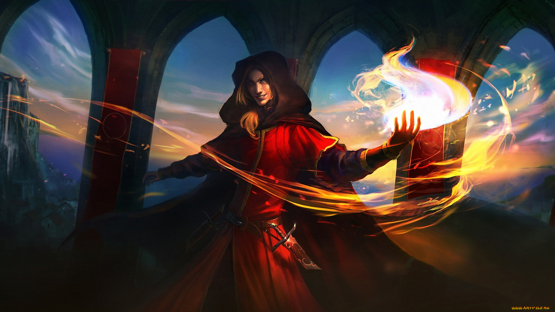 фэнтези, маги, , волшебники, арки, огонь, замок, парень, кинжал, магия, маг, капюшон, плащ