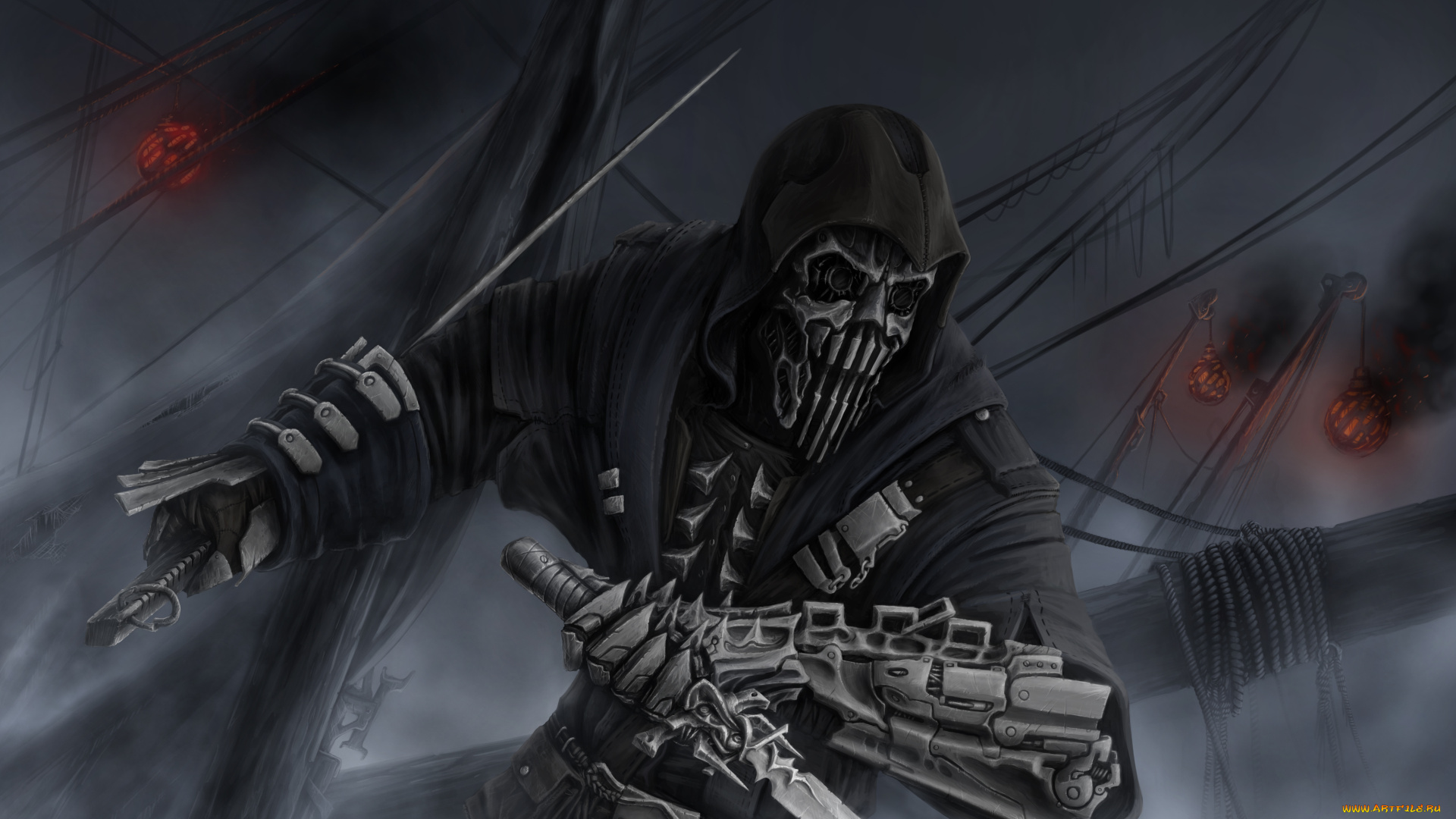 фэнтези, нежить, череп, фон, оружие