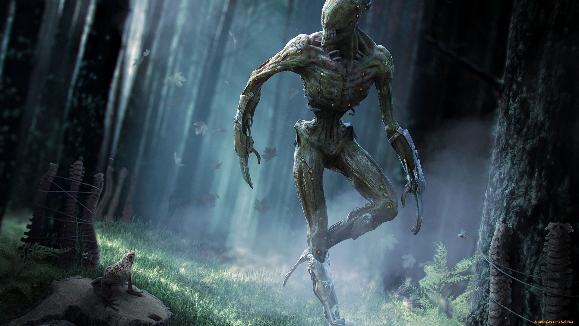 фэнтези, существа, свет, арт, трава, деревья, лягушка, чудовище, фантастика, лес, существо