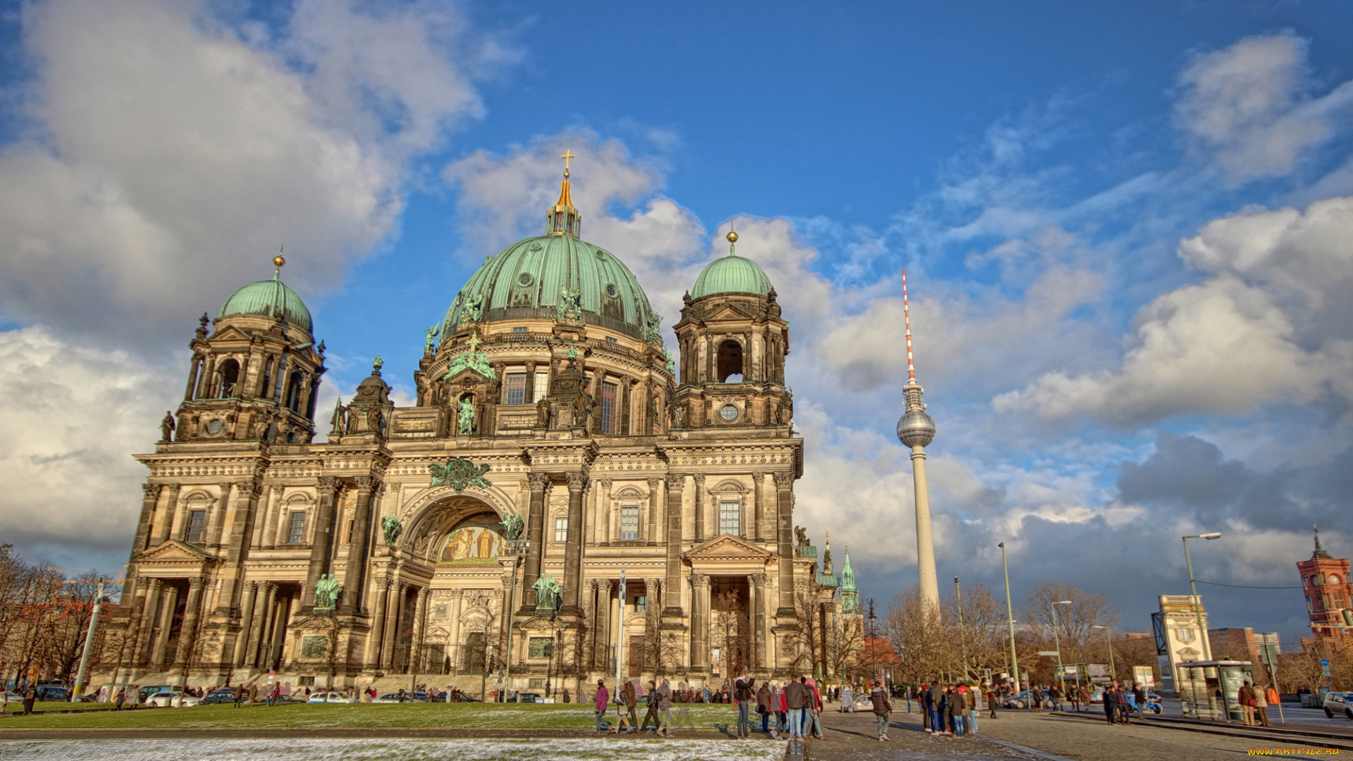 города, берлин, , германия, берлин, люди, башня, собор, небо, облака