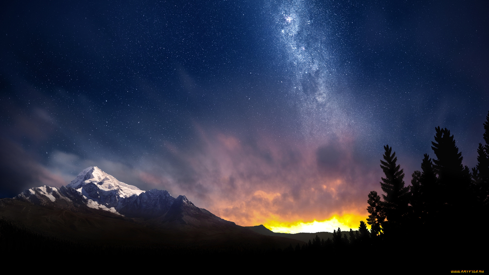 природа, горы, вершины, снег, путь, млечный, звёзды, небо, свет, утро