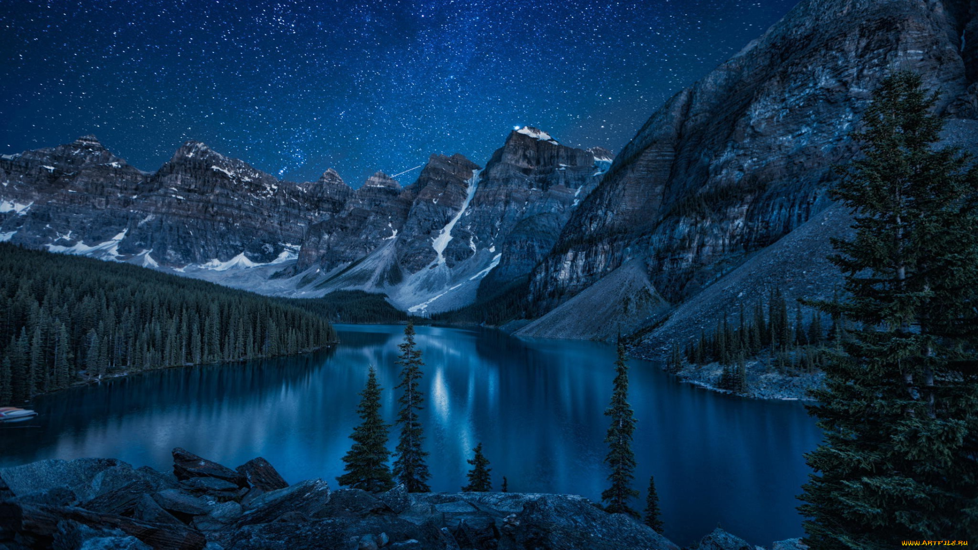 природа, реки, озера, ночь, озеро, скалы, камни, лес, звёзды, отражение, вода, горы