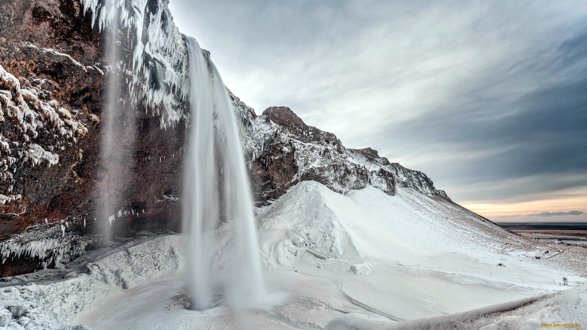 природа, водопады, зима, снег, замерзший, поток