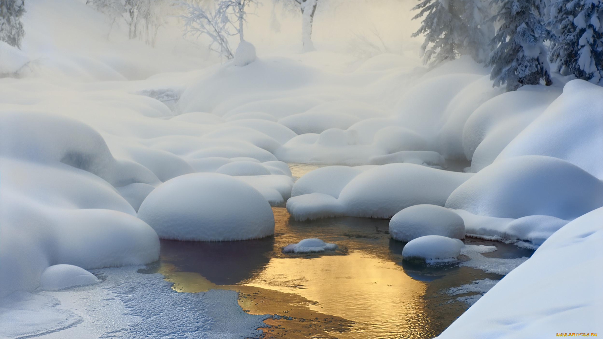 природа, зима, свет, деревья, дымка, снег, река, лес