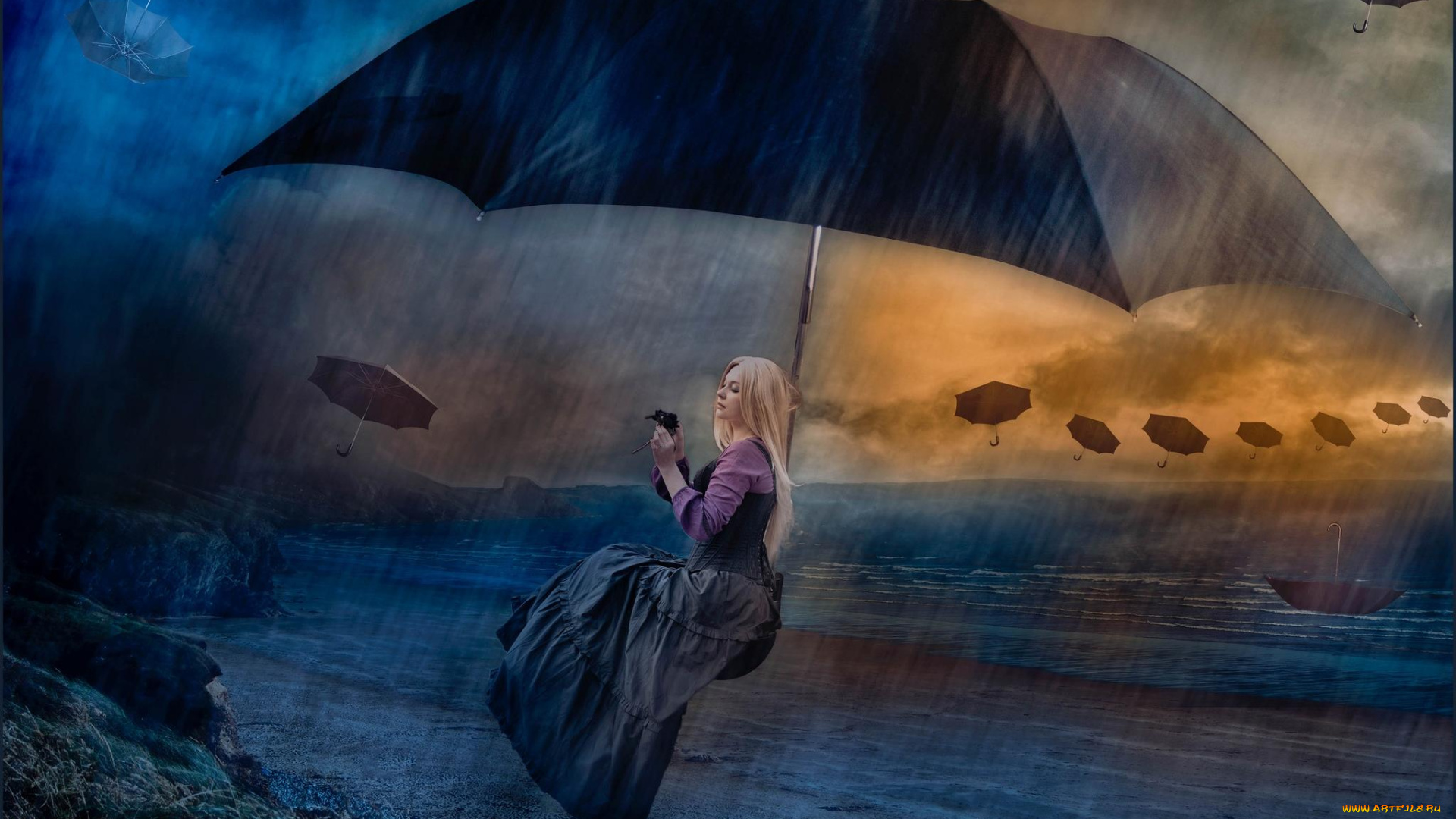 разное, компьютерный, дизайн, art, зонт, девушка, шторм, дождь