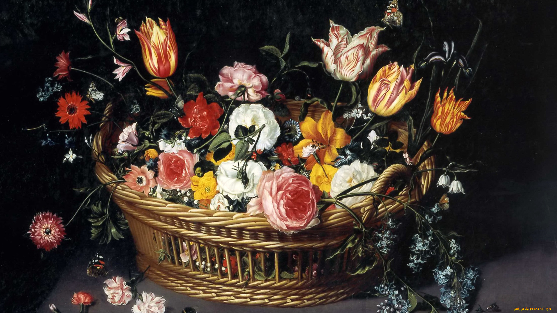 рисованное, цветы, Ян, брейгель, младший, натюрморт, картина, корзина, с, цветами