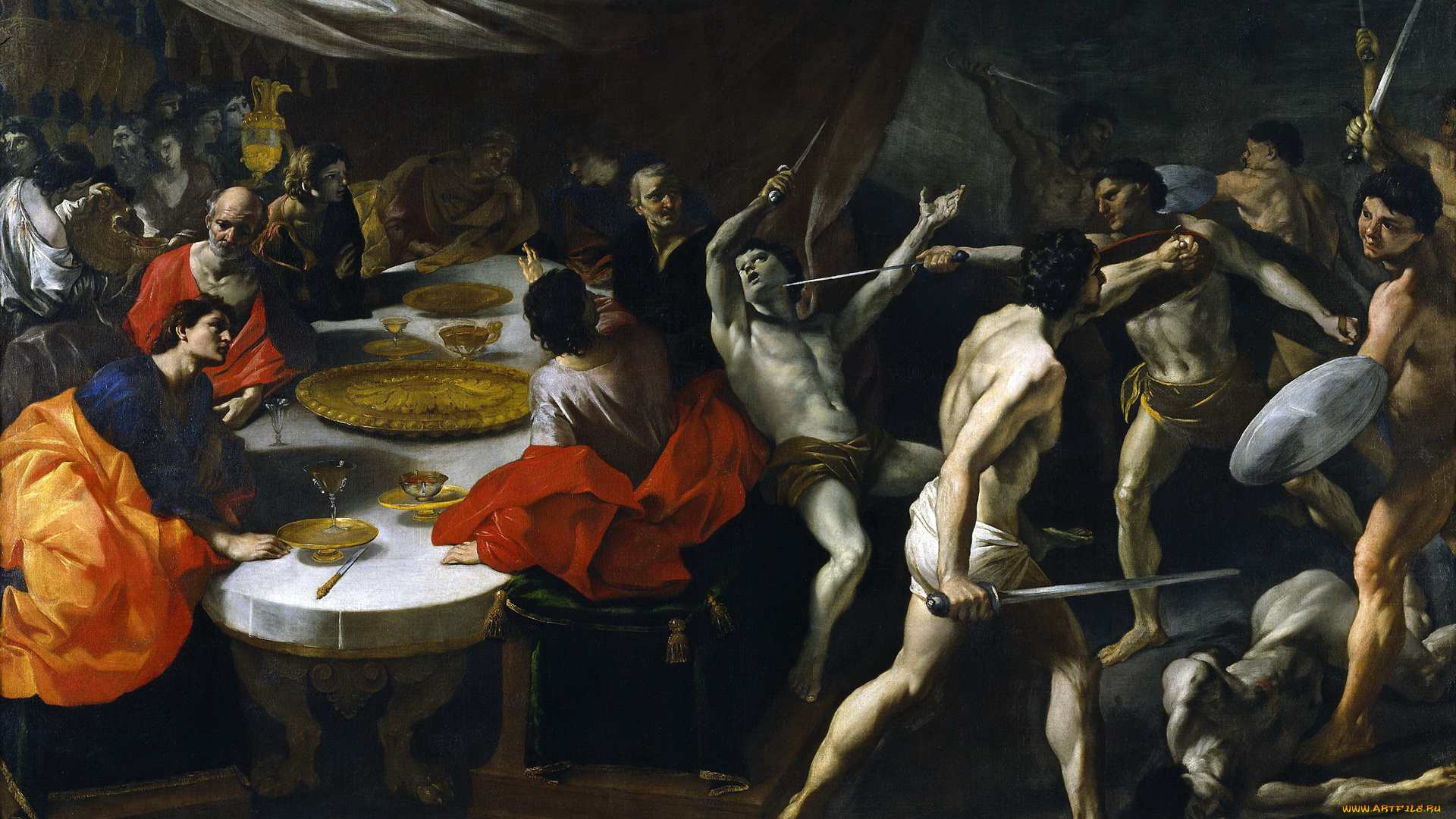 рисованное, живопись, джованни, ланфранко, картина, бои, гладиаторов, на, банкете