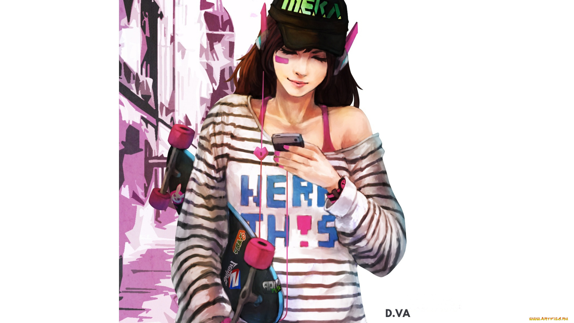 видео, игры, overwatch, hana, song, телефон, skateboard, наушники, art, девушка