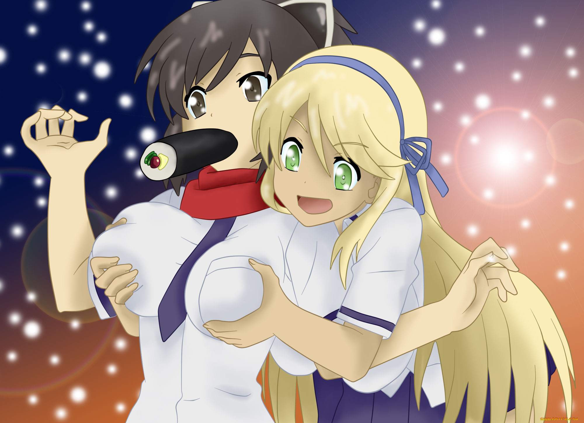 asuka, and, katsuragi, аниме, unknown, , другое, суши, взгляд, фон, девушки
