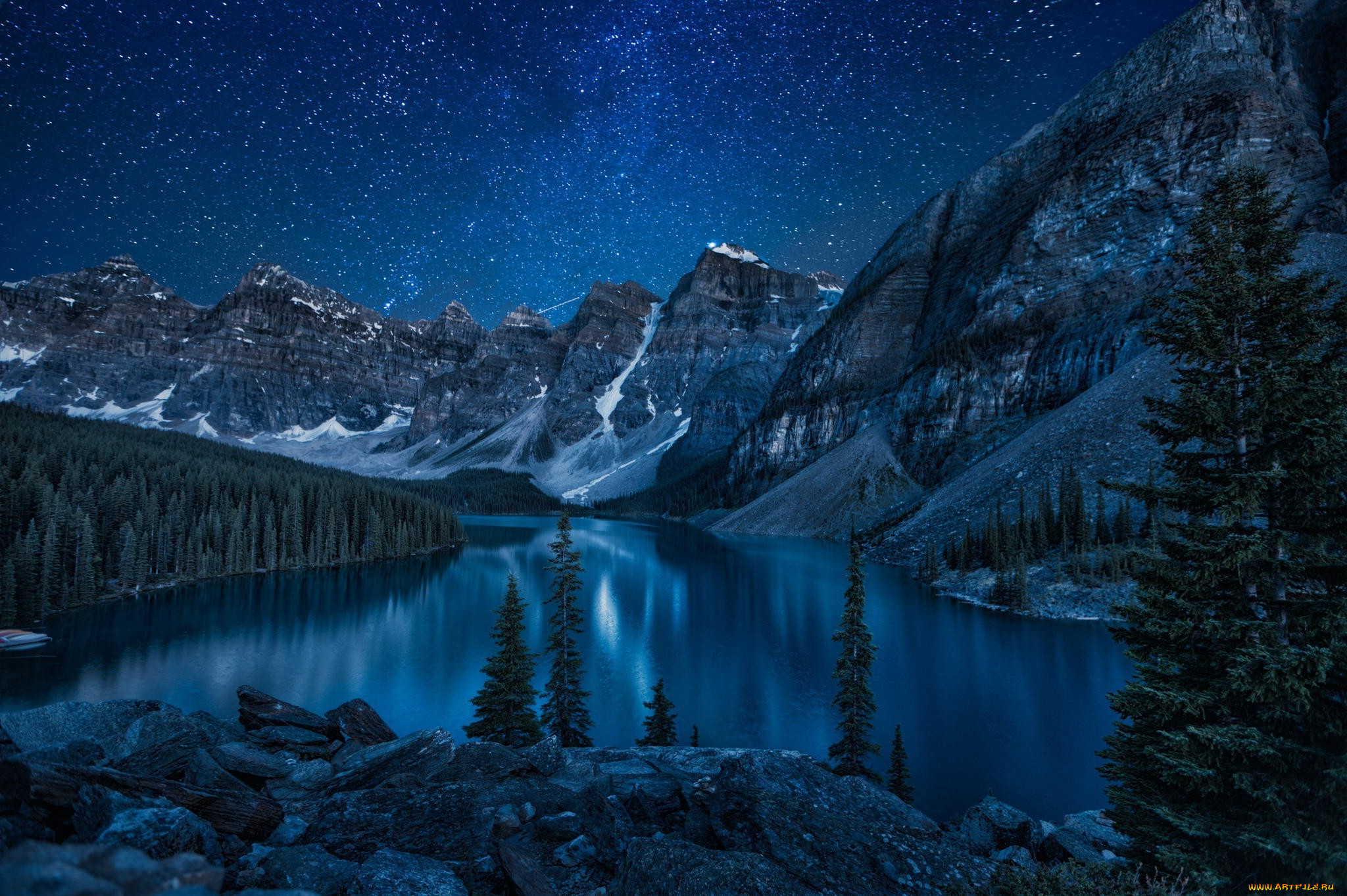природа, реки, озера, ночь, озеро, скалы, камни, лес, звёзды, отражение, вода, горы