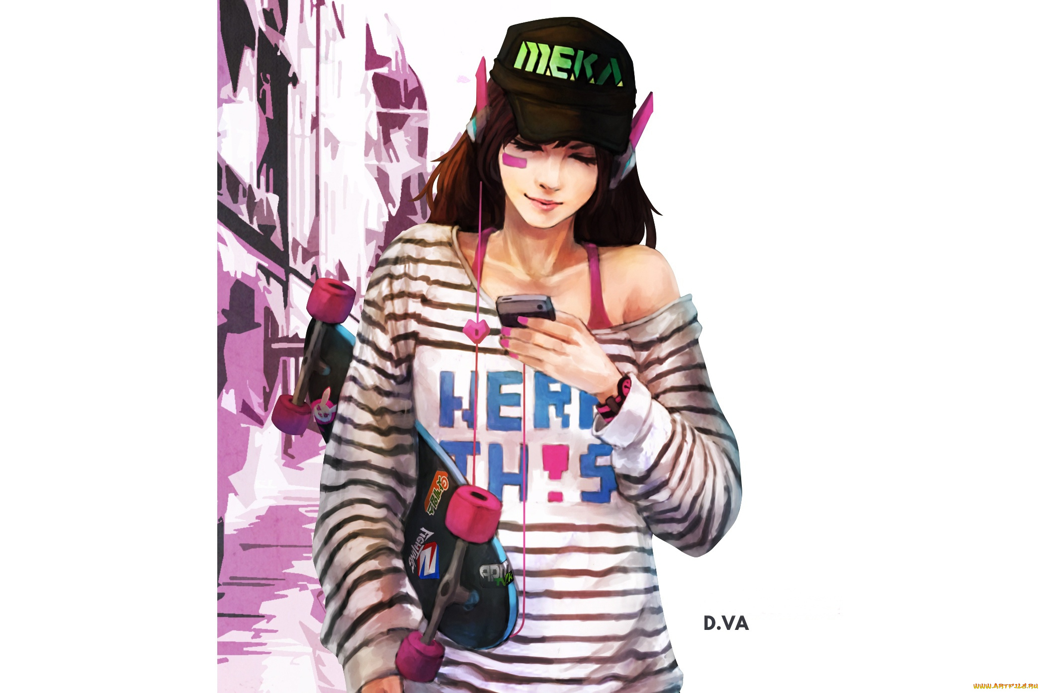 видео, игры, overwatch, hana, song, телефон, skateboard, наушники, art, девушка