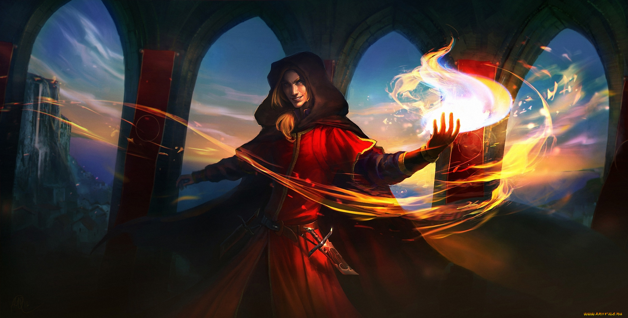 фэнтези, маги, , волшебники, арки, огонь, замок, парень, кинжал, магия, маг, капюшон, плащ