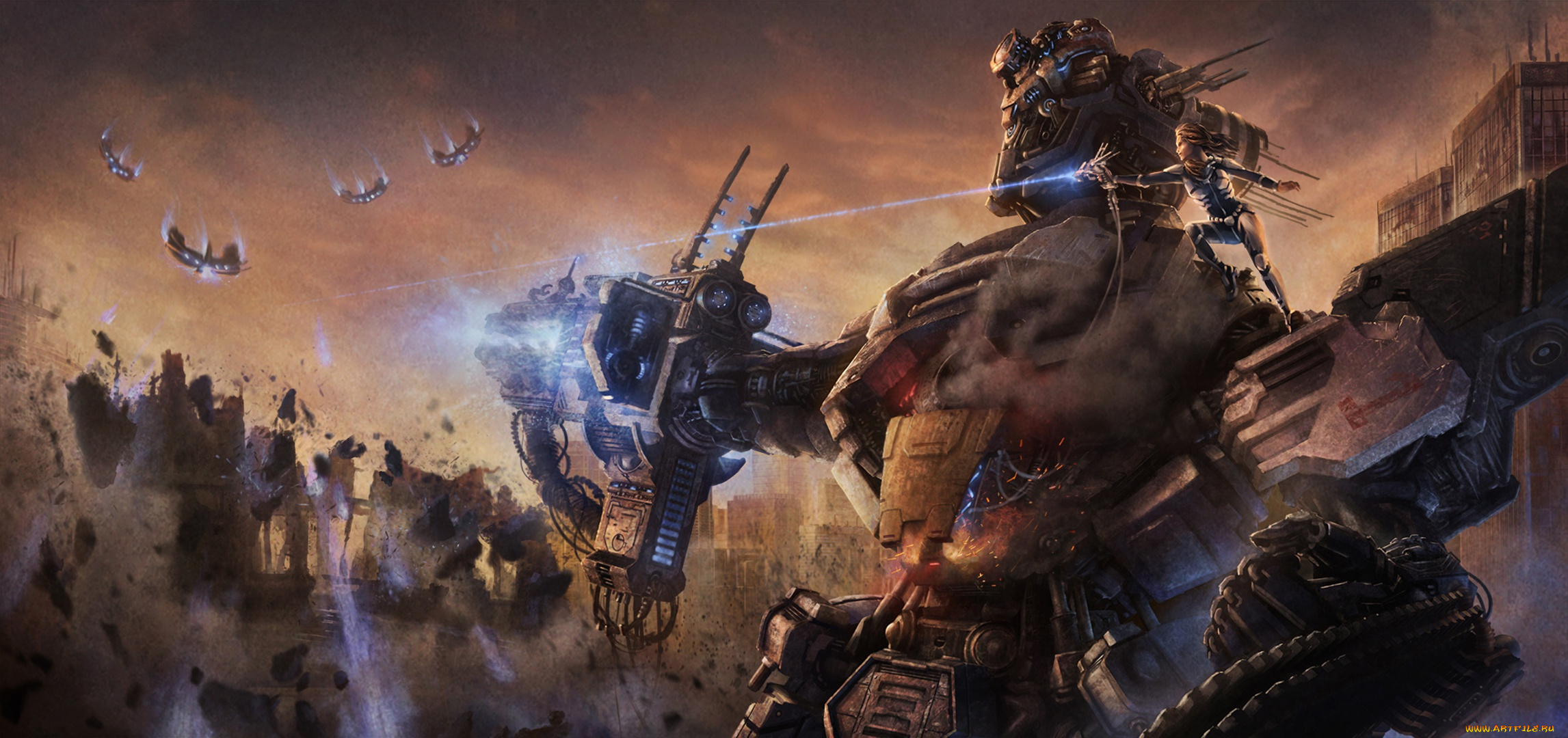 фэнтези, роботы, , киборги, , механизмы, девушка, гигант, фантастика, робот, война, город, арт, руины