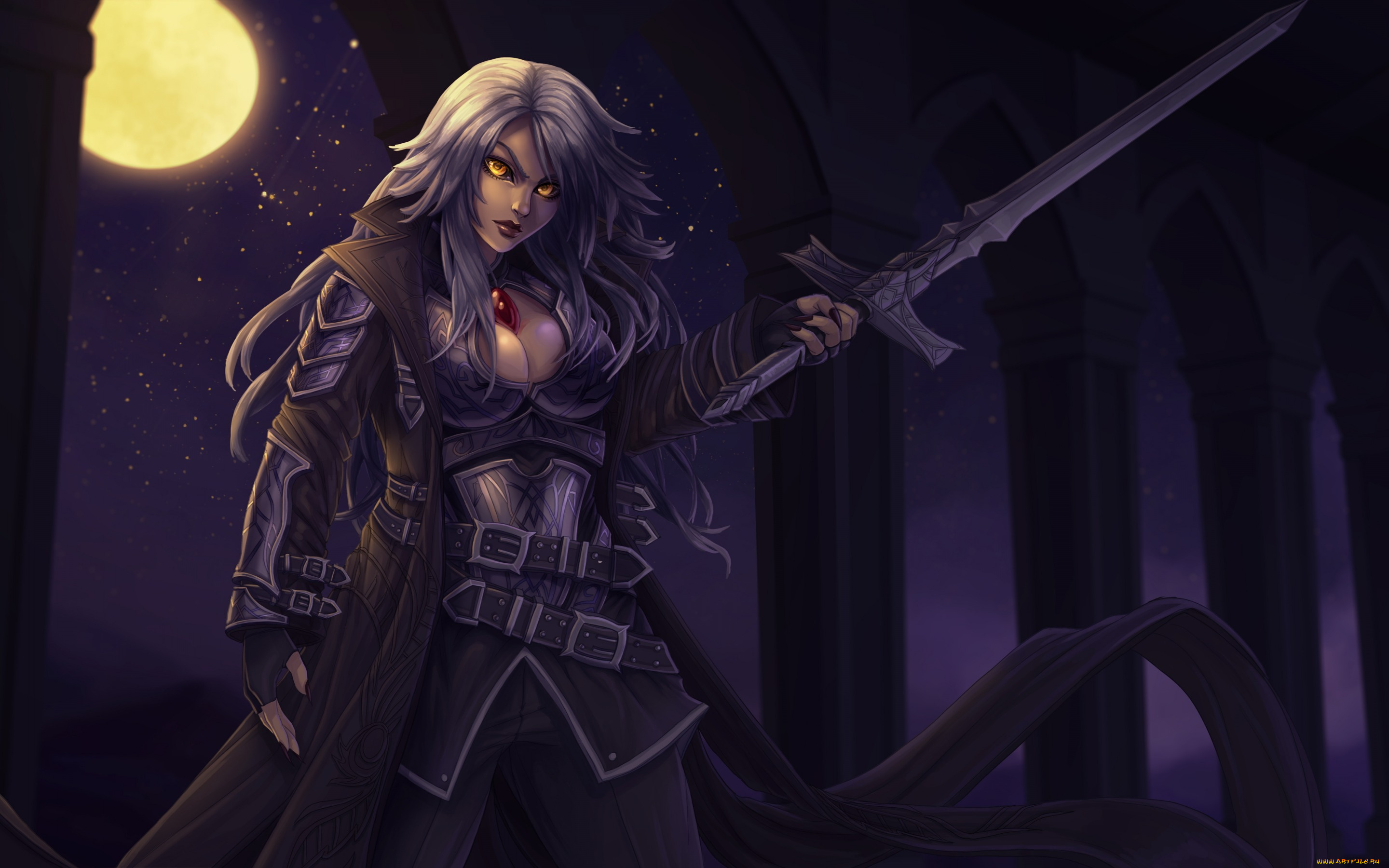 фэнтези, девушки, меч, девушка, полнолуние, moonlight, ночь, вампир, луна, magic, the, gathering, свет