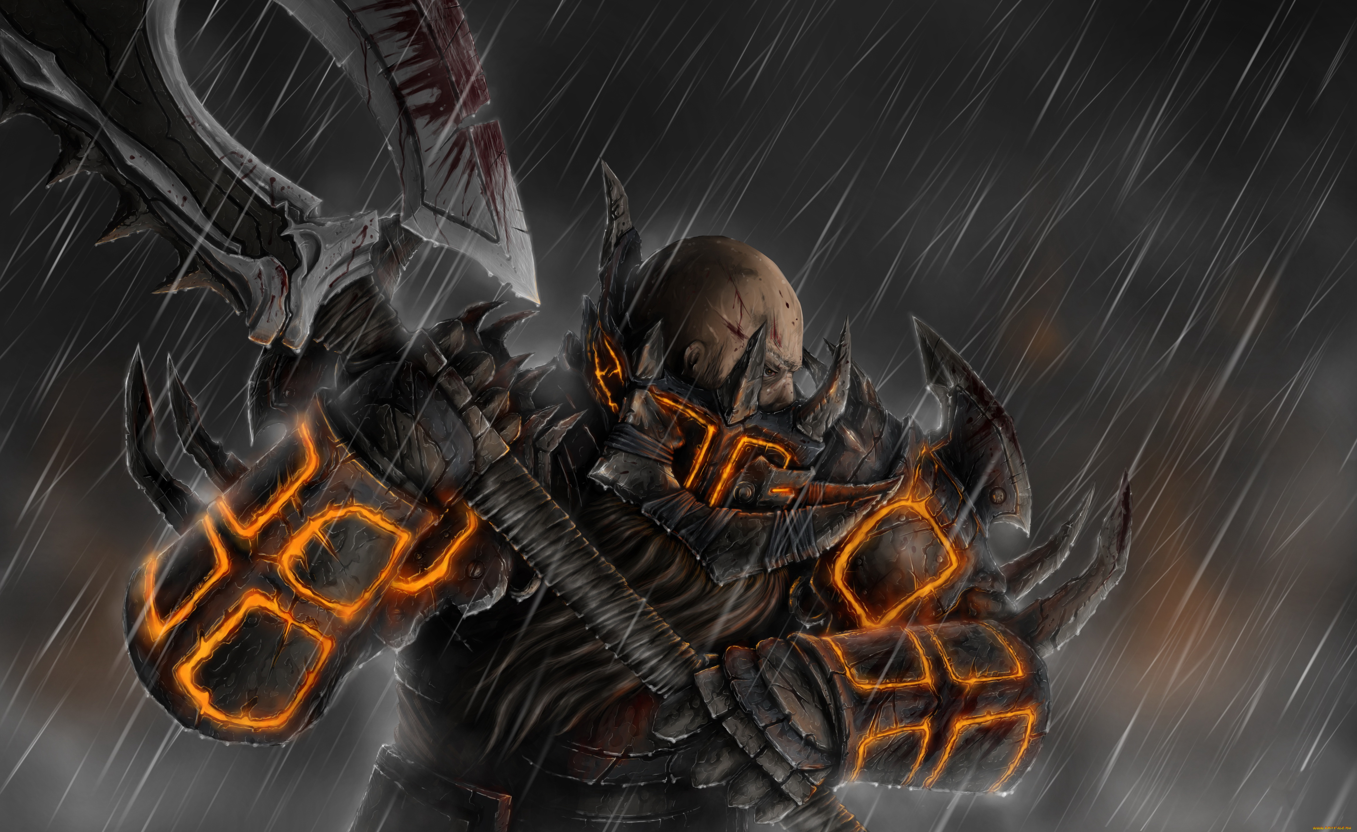 фэнтези, люди, дождь, мужчина, латы, топор