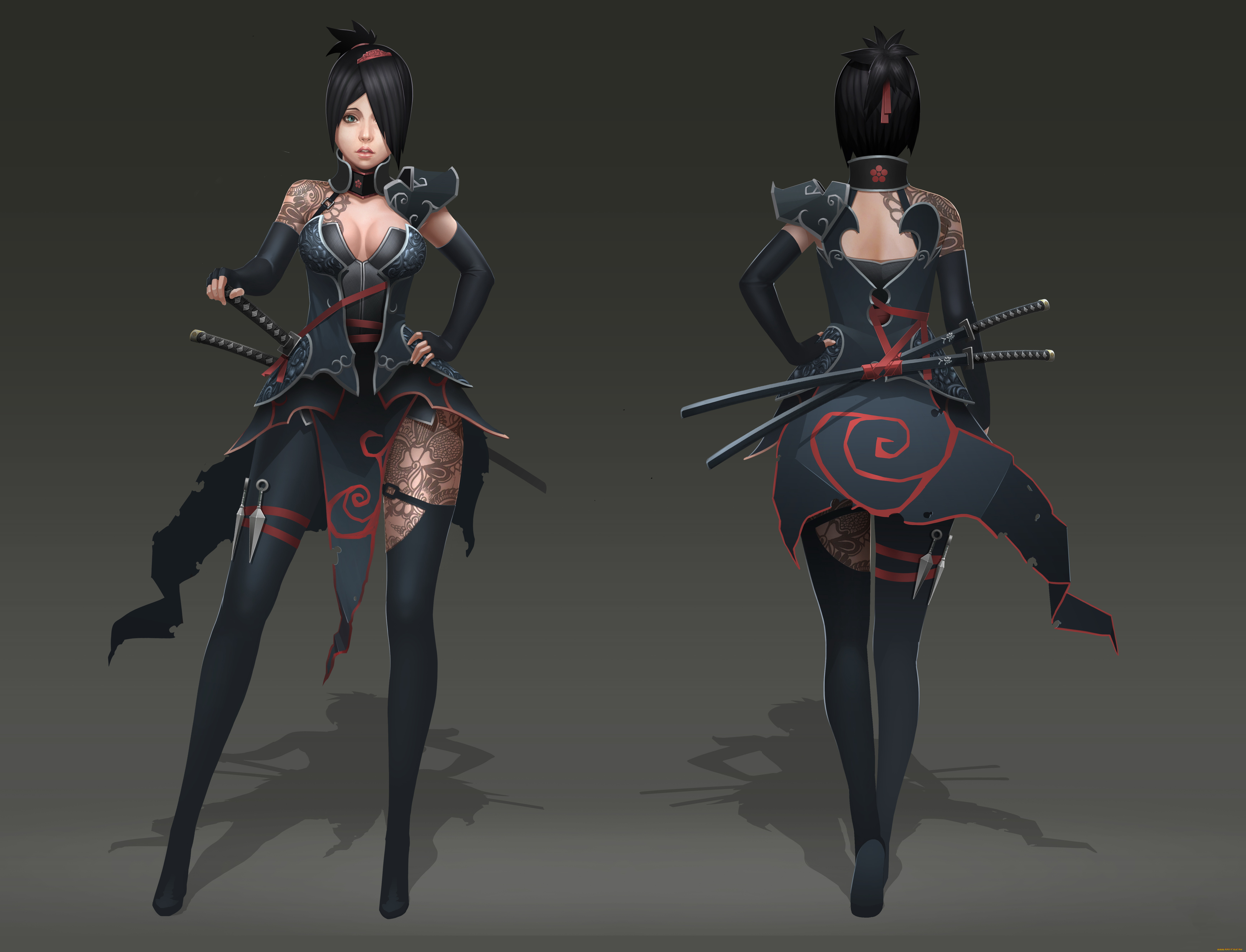 фэнтези, девушки, униформа, взгляд, фон, девушка, оружие, тату