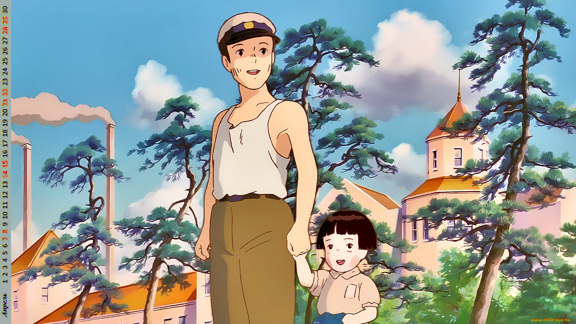 календари, аниме, здание, дерево, девочка, юноша, взгляд