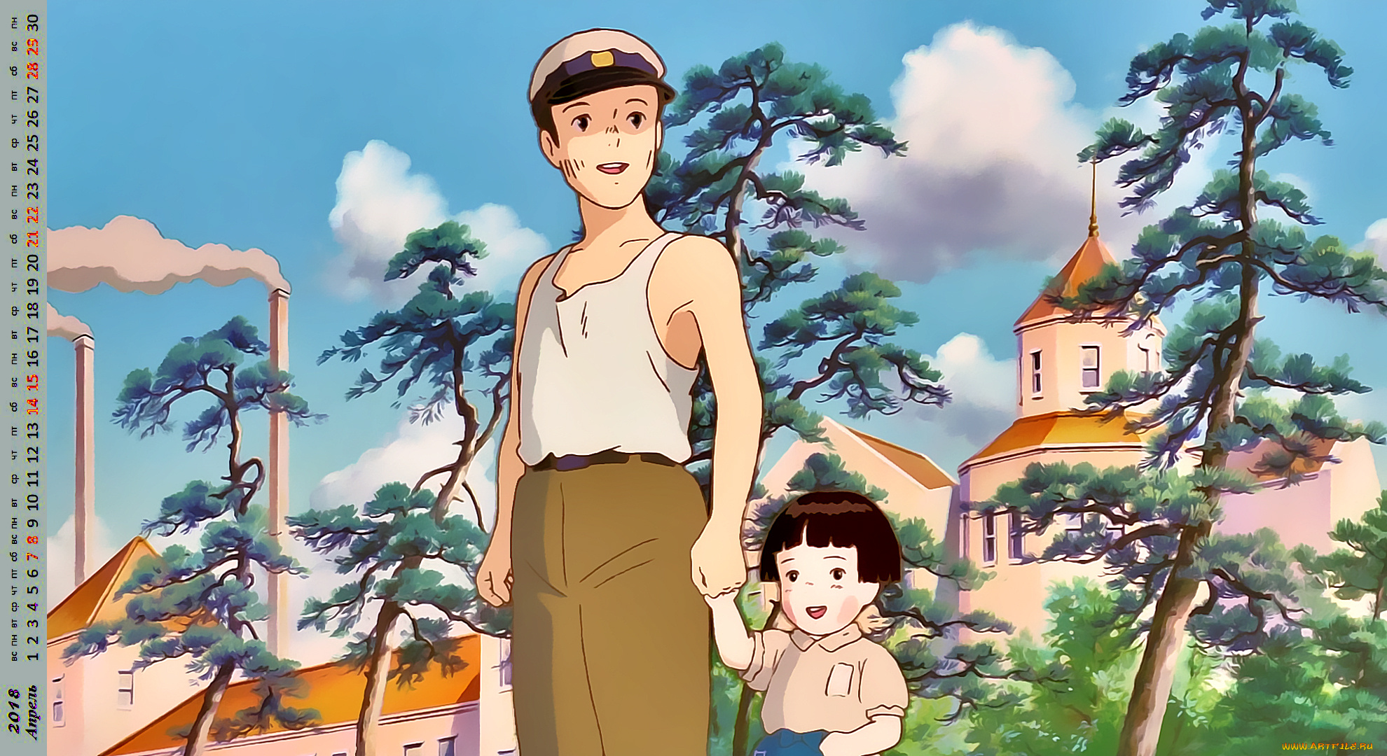 календари, аниме, здание, дерево, девочка, юноша, взгляд