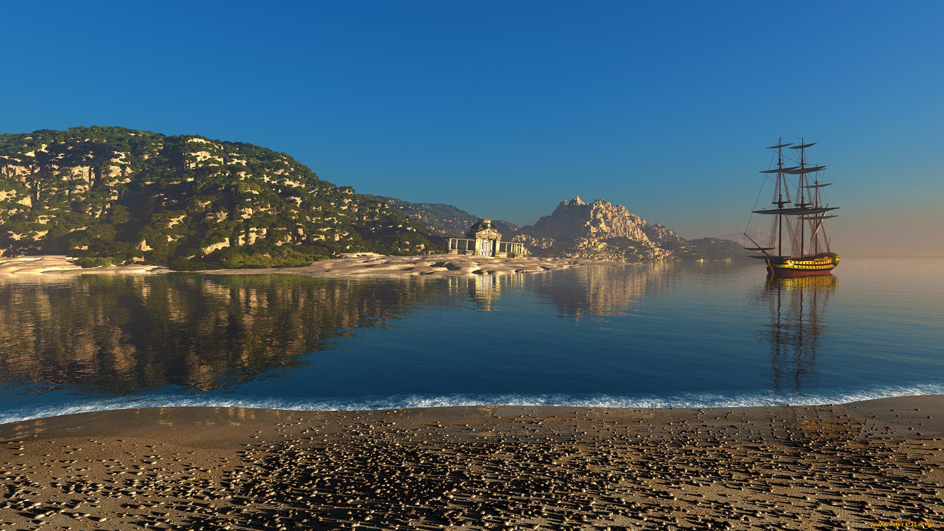 3д, графика, море, , sea, море, парусник