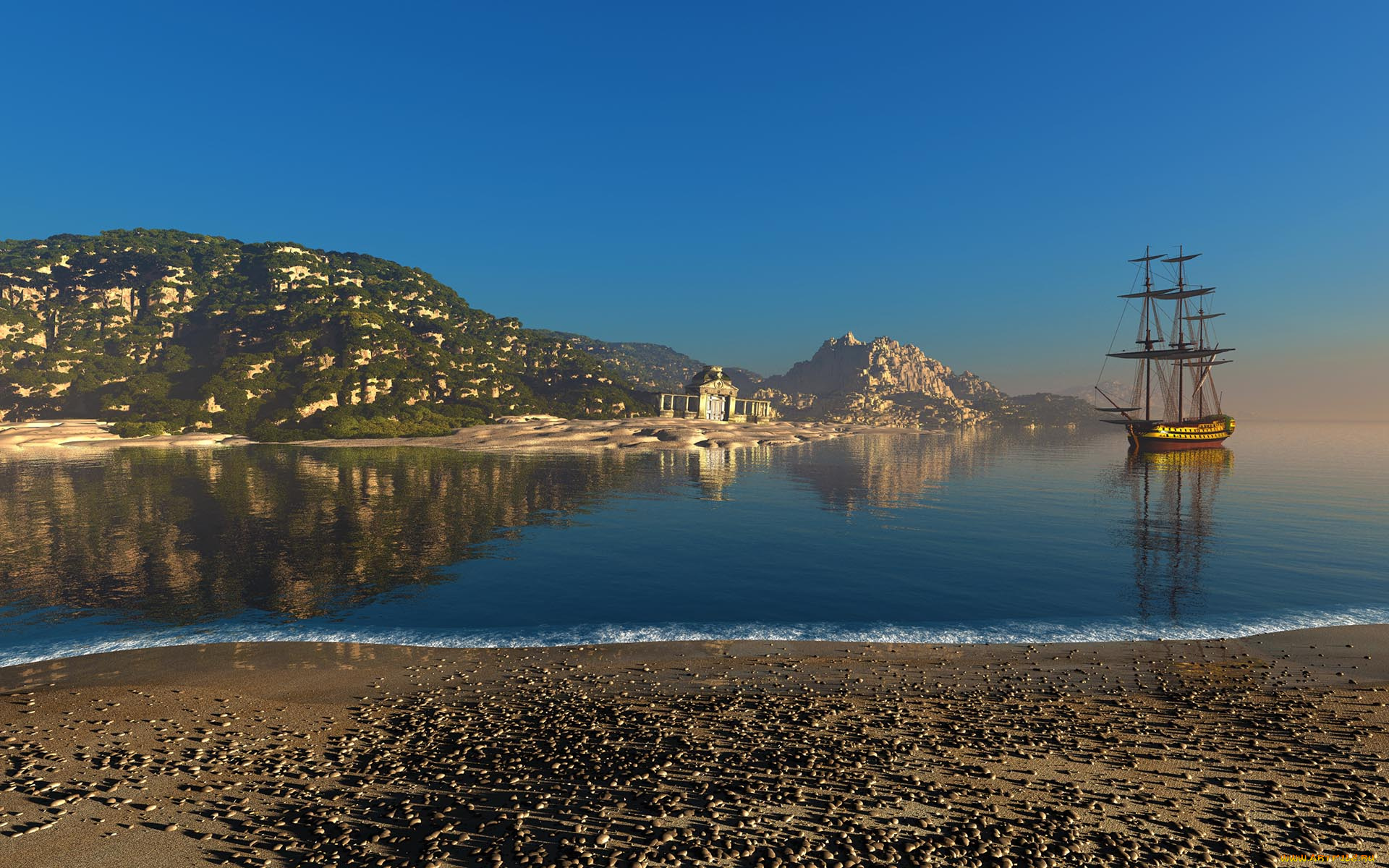 3д, графика, море, , sea, море, парусник