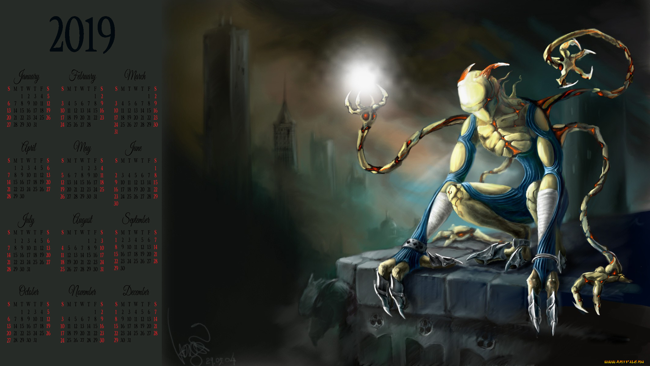 календари, фэнтези, существо, город, здание