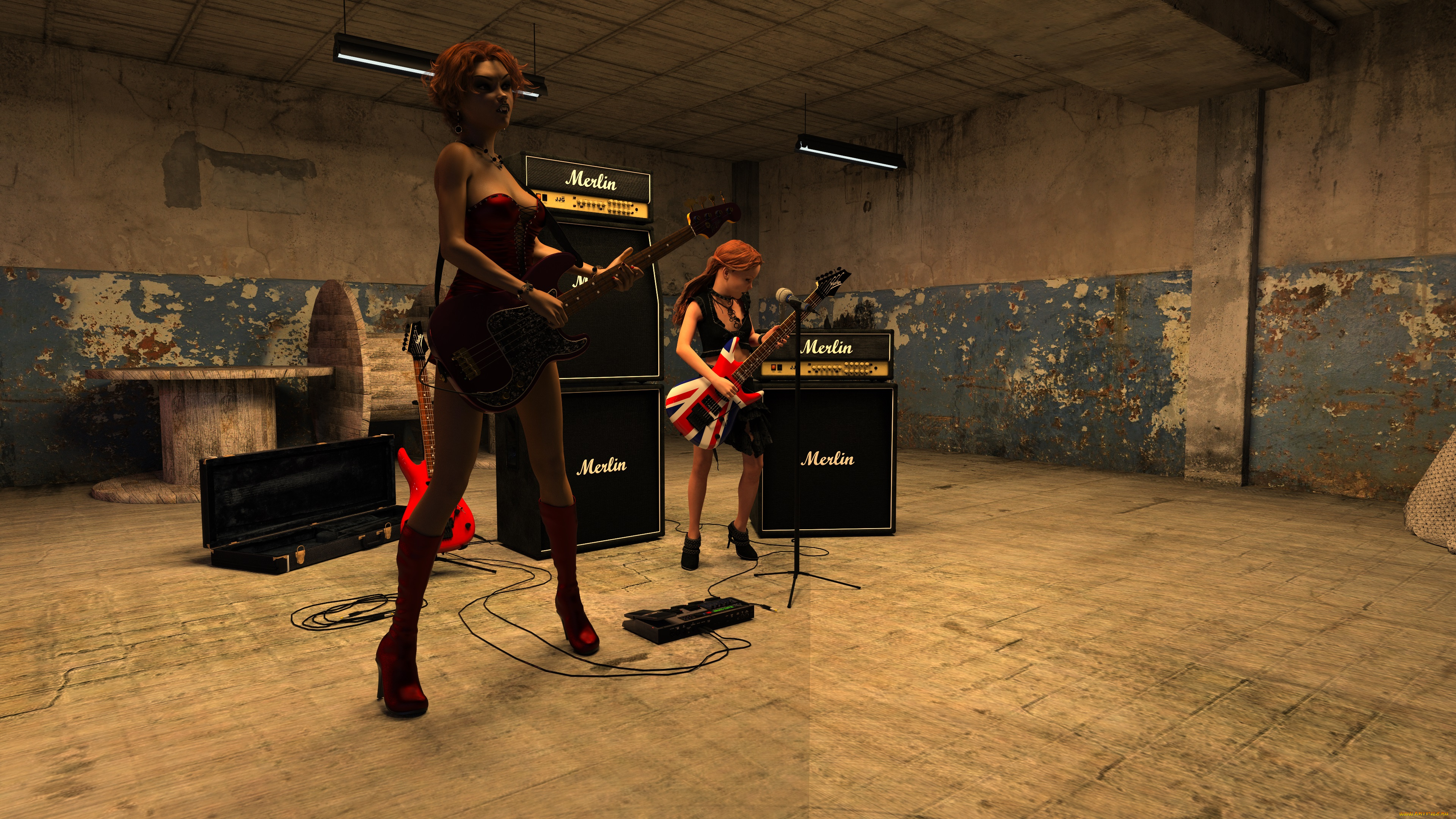 3д, графика, люди, , people, девушки, взгляд, фон, гитара