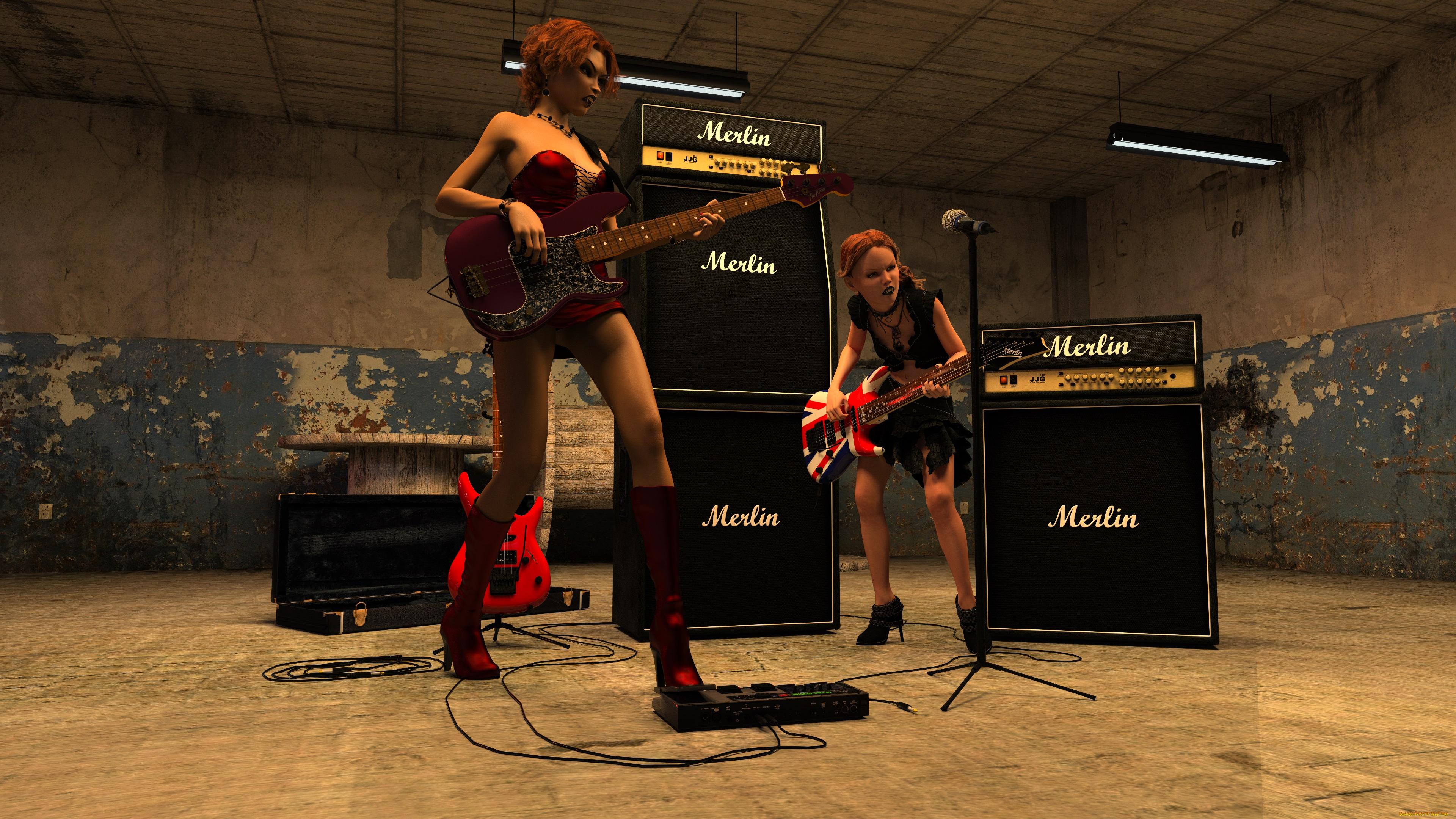 3д, графика, люди, , people, девушки, взгляд, фон, гитара