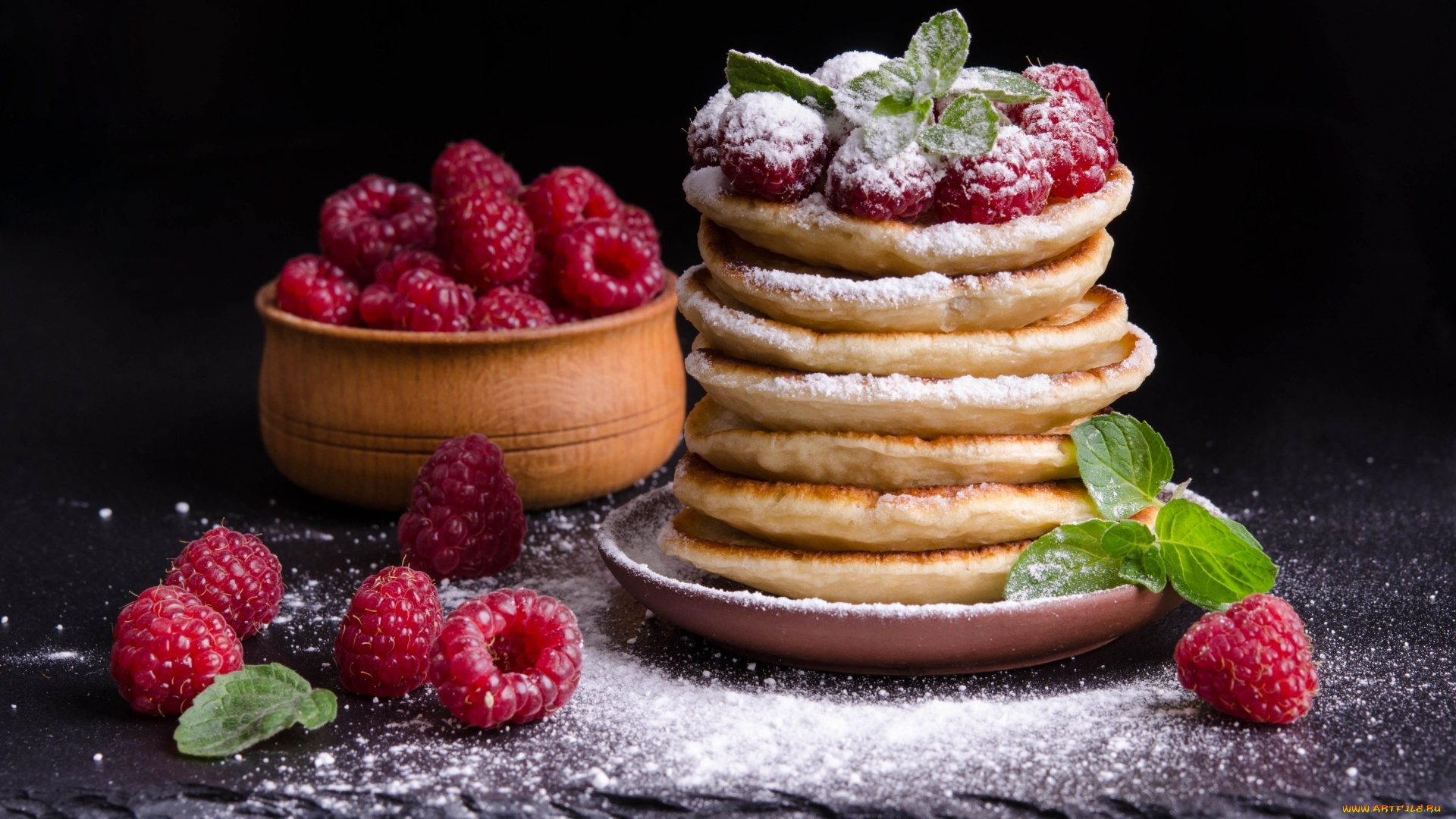 еда, блины, , оладьи, малина, мята