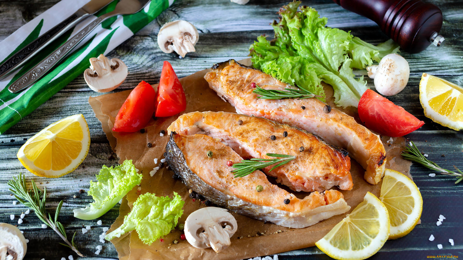 еда, рыбные, блюда, , с, морепродуктами, форель, лимон