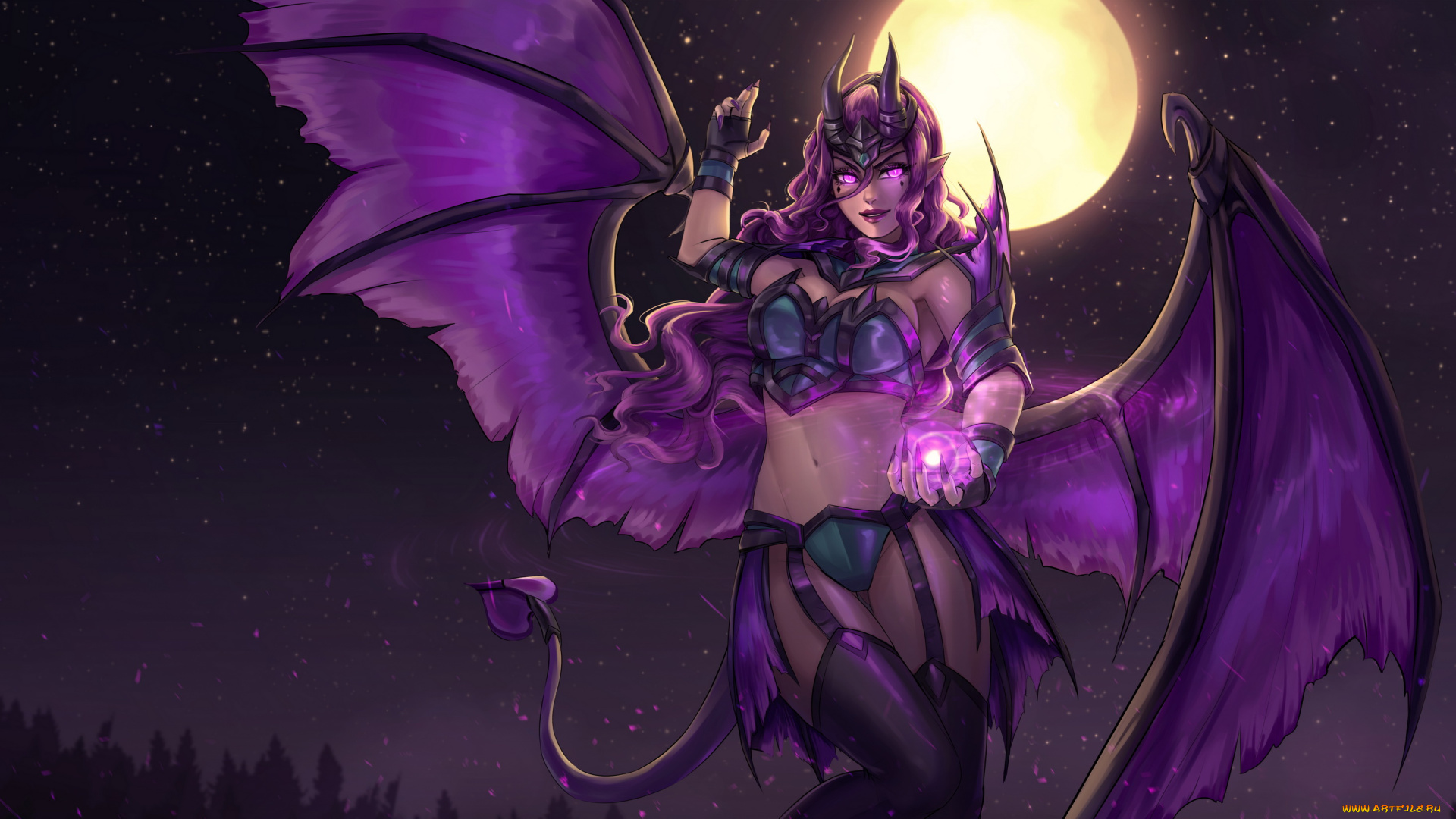 фэнтези, существа, девушка, фон, взгляд, рога, крылья, хвост, магия