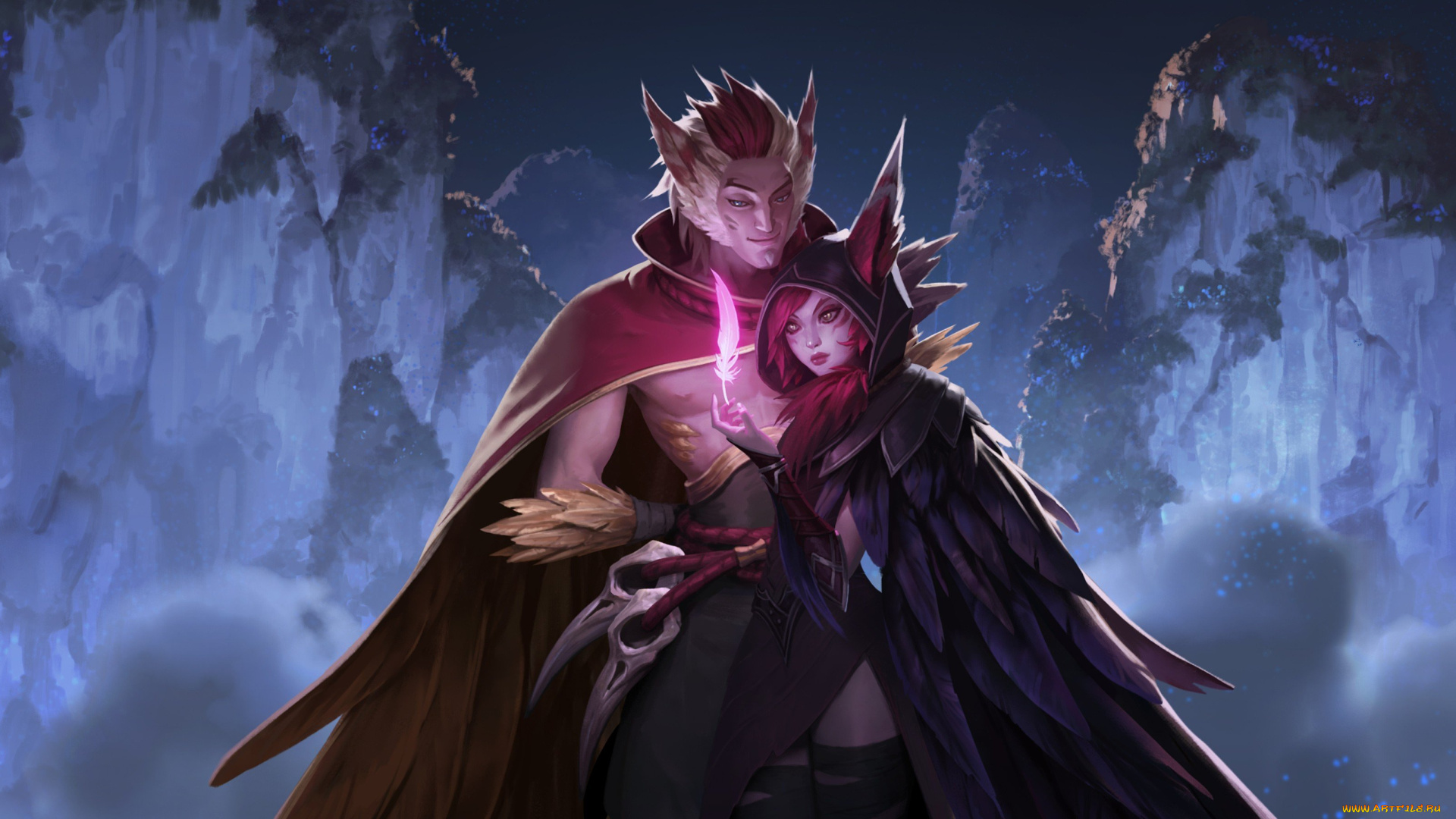 видео, игры, league, of, legends, rakan, xayah, пара, скалы, магия, крылья