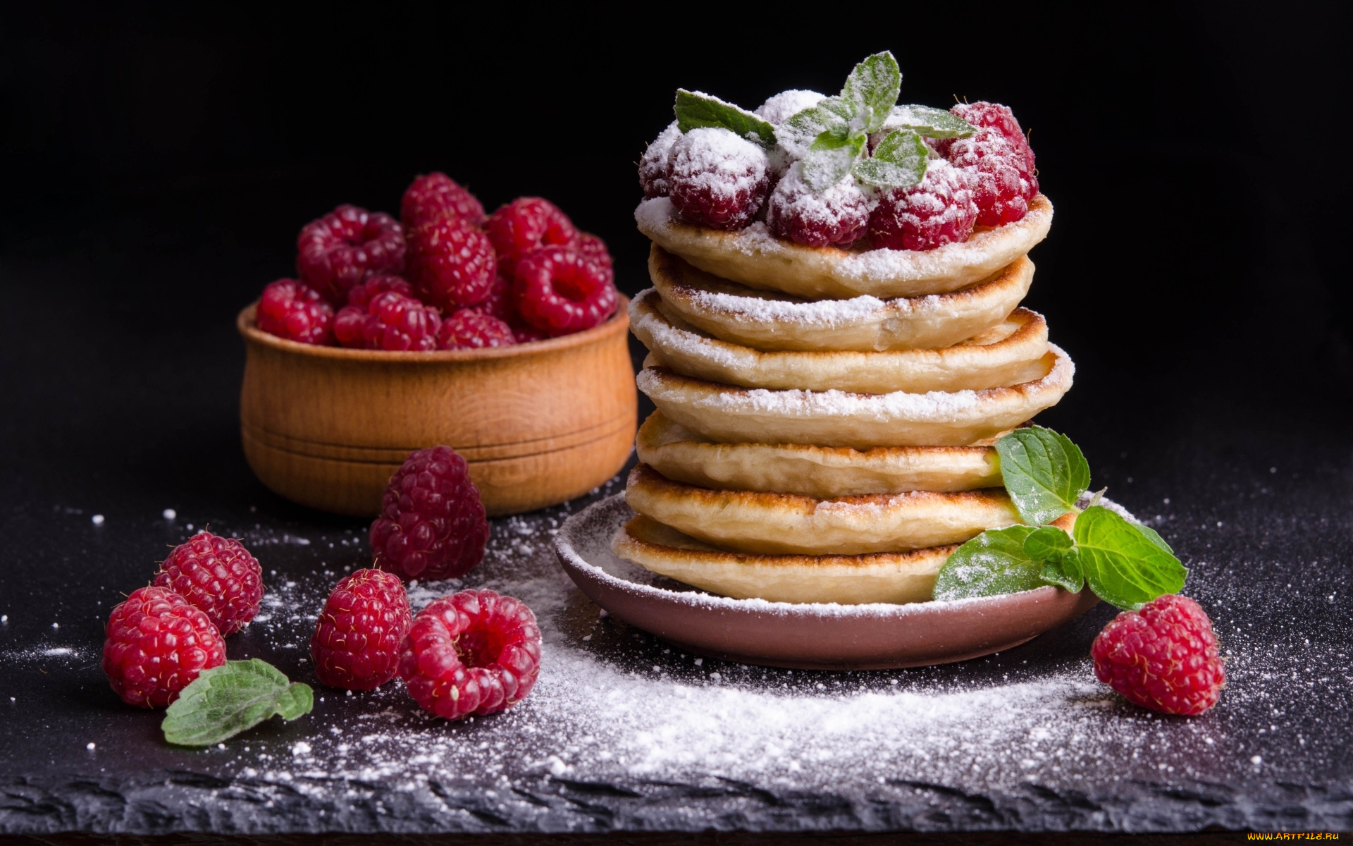 еда, блины, , оладьи, малина, мята
