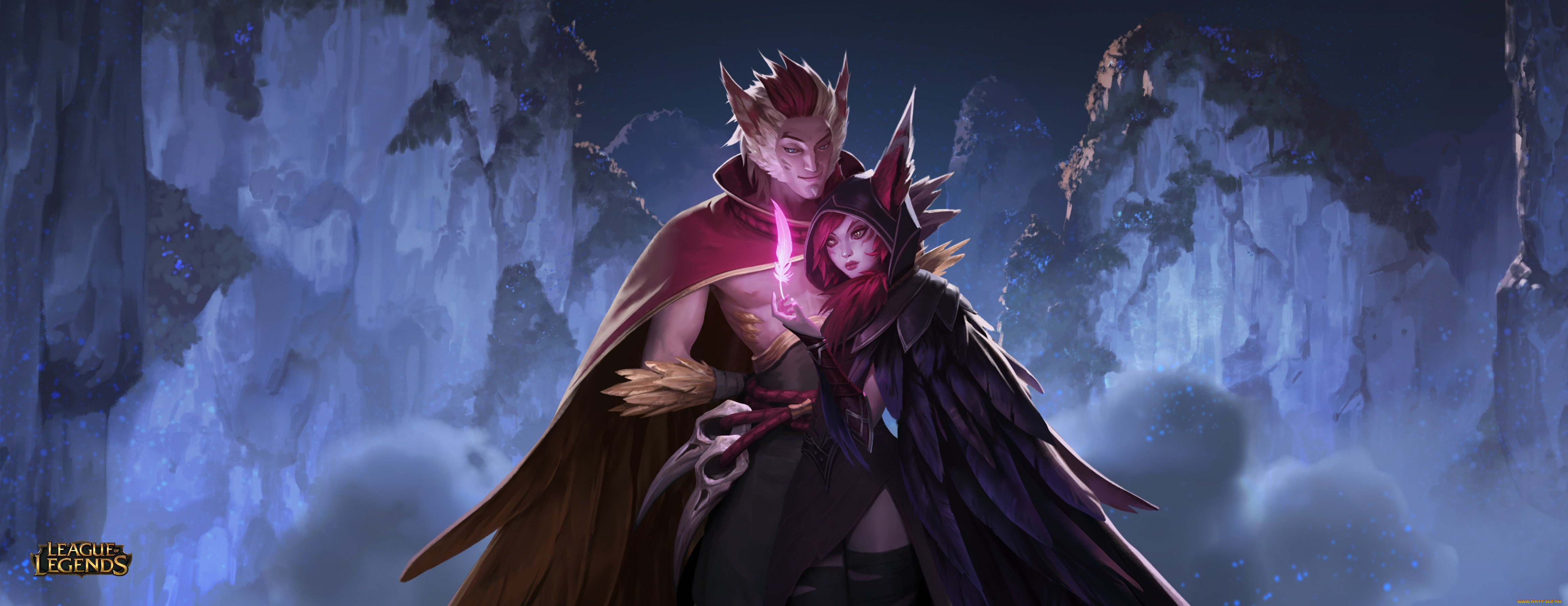 видео, игры, league, of, legends, rakan, xayah, пара, скалы, магия, крылья