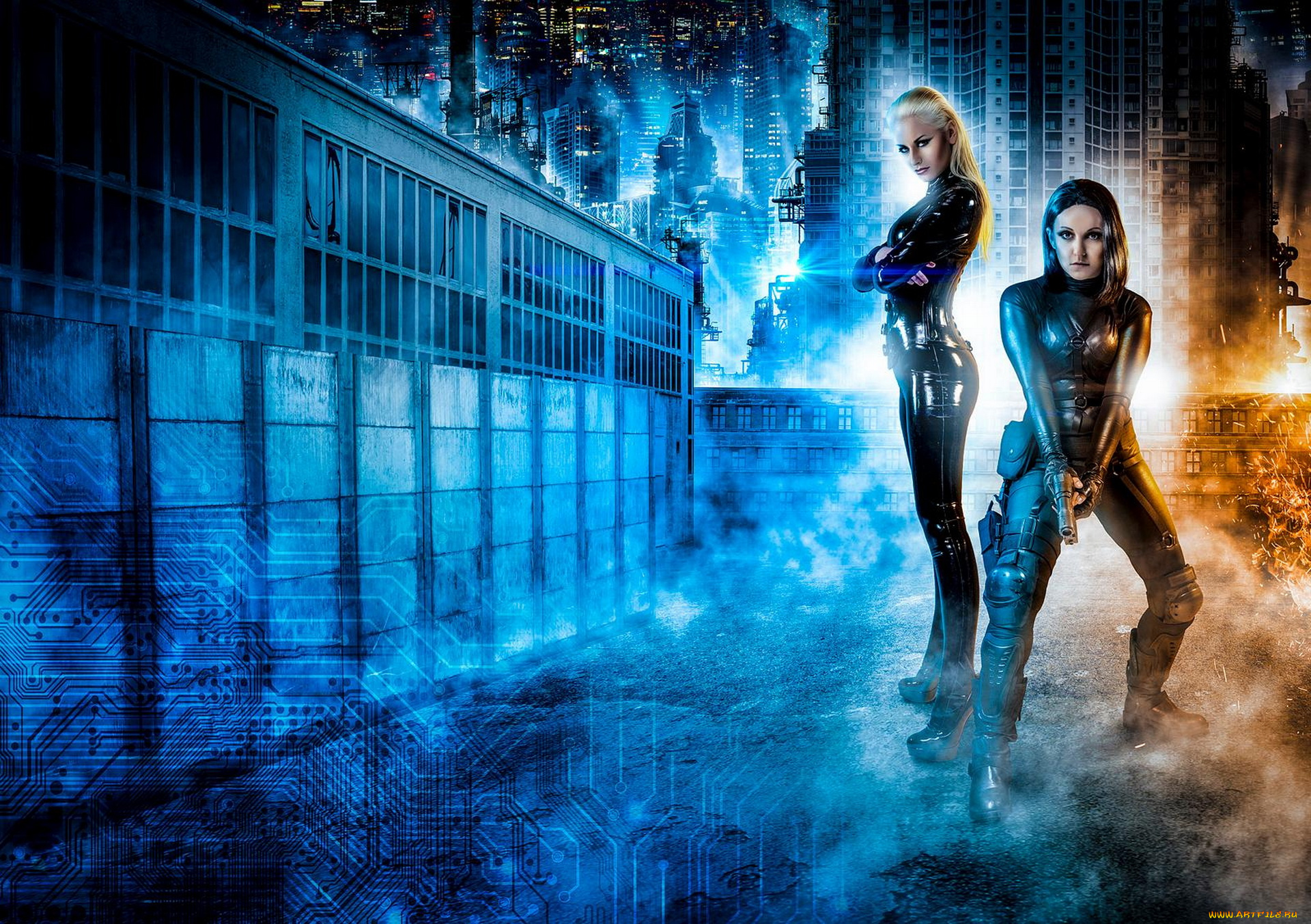 фэнтези, фотоарт, девушки, фон, город, униформа