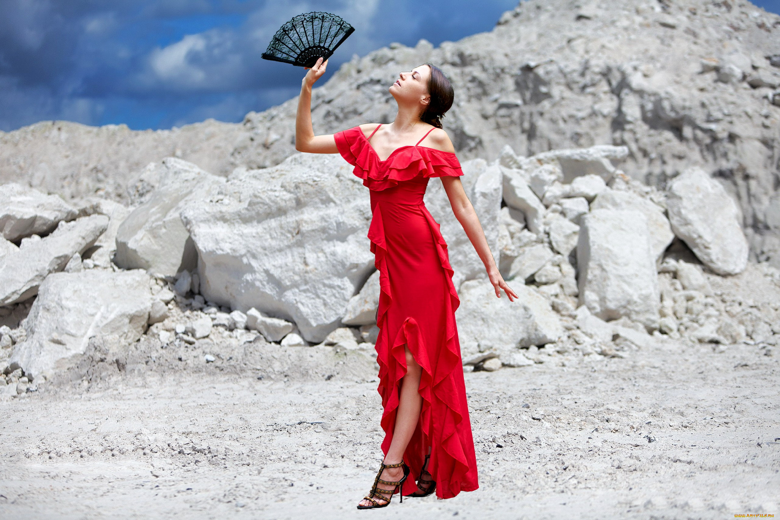 девушки, -, брюнетки, , шатенки, брюнетка, красное, платье, веер