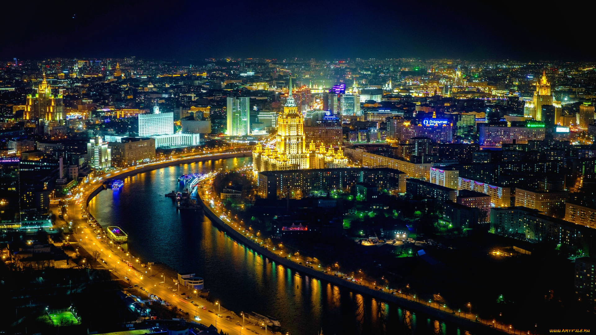 города, москва, , россия, москва, река, ночь, панoрама