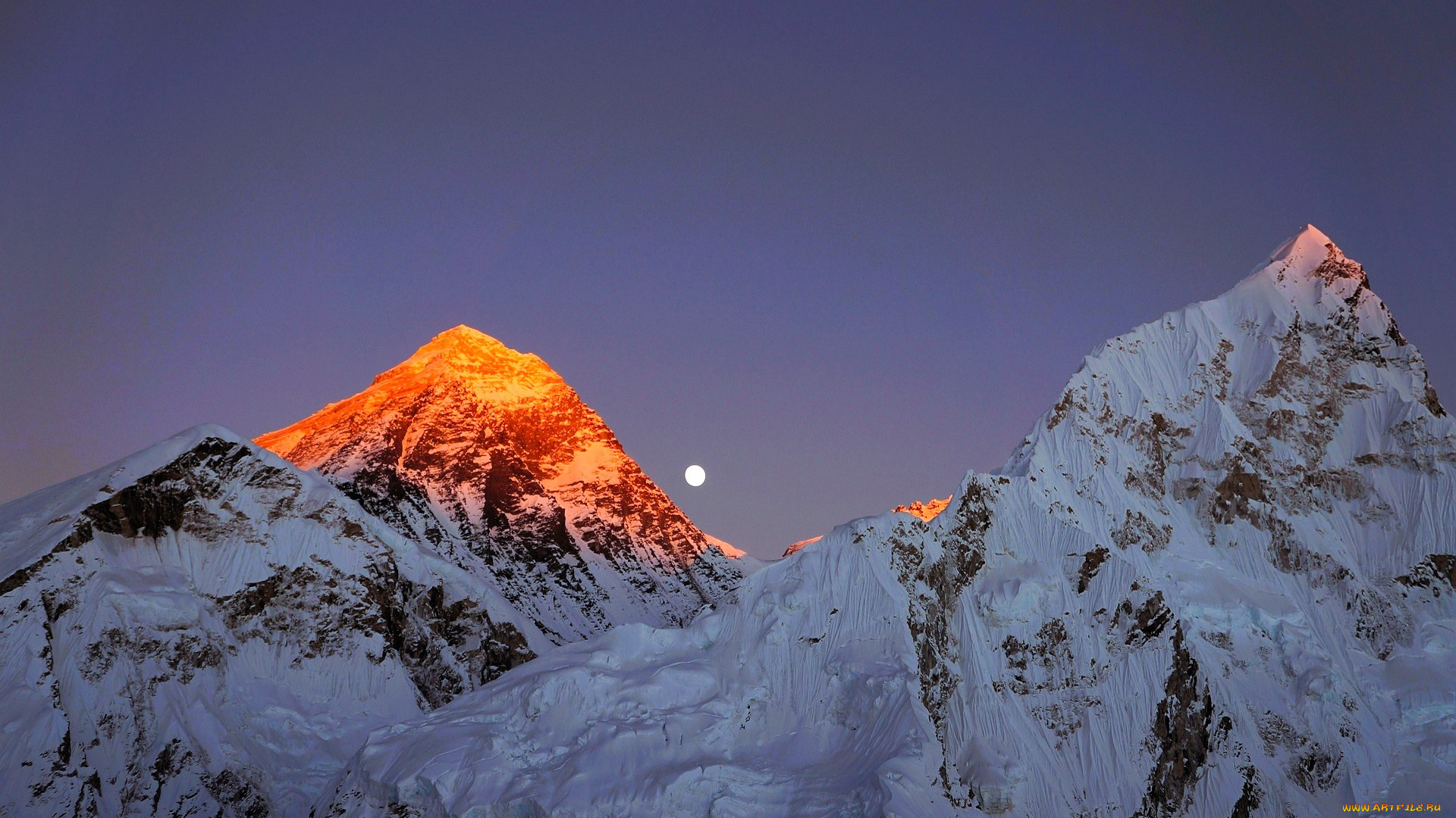 природа, горы, снег, луна