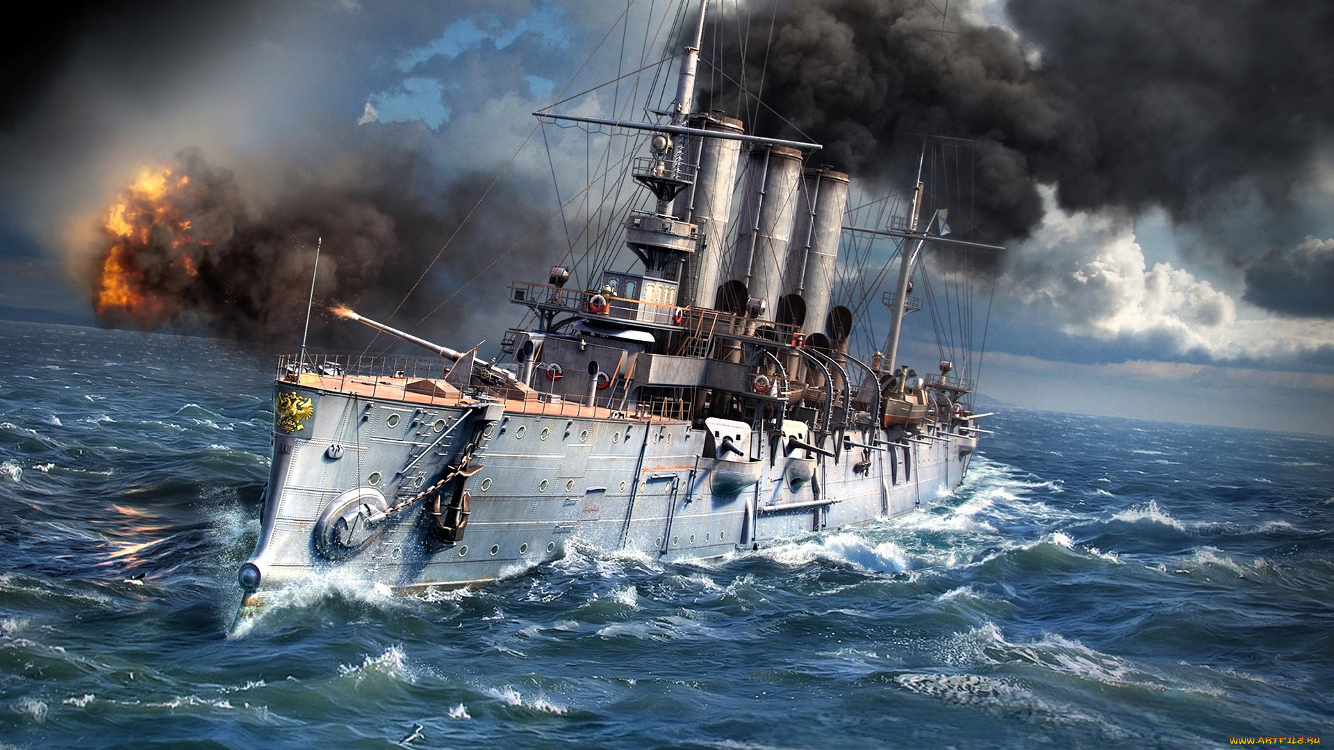 видео, игры, world, of, warships, корабль, крейсер, огонь, море, дым