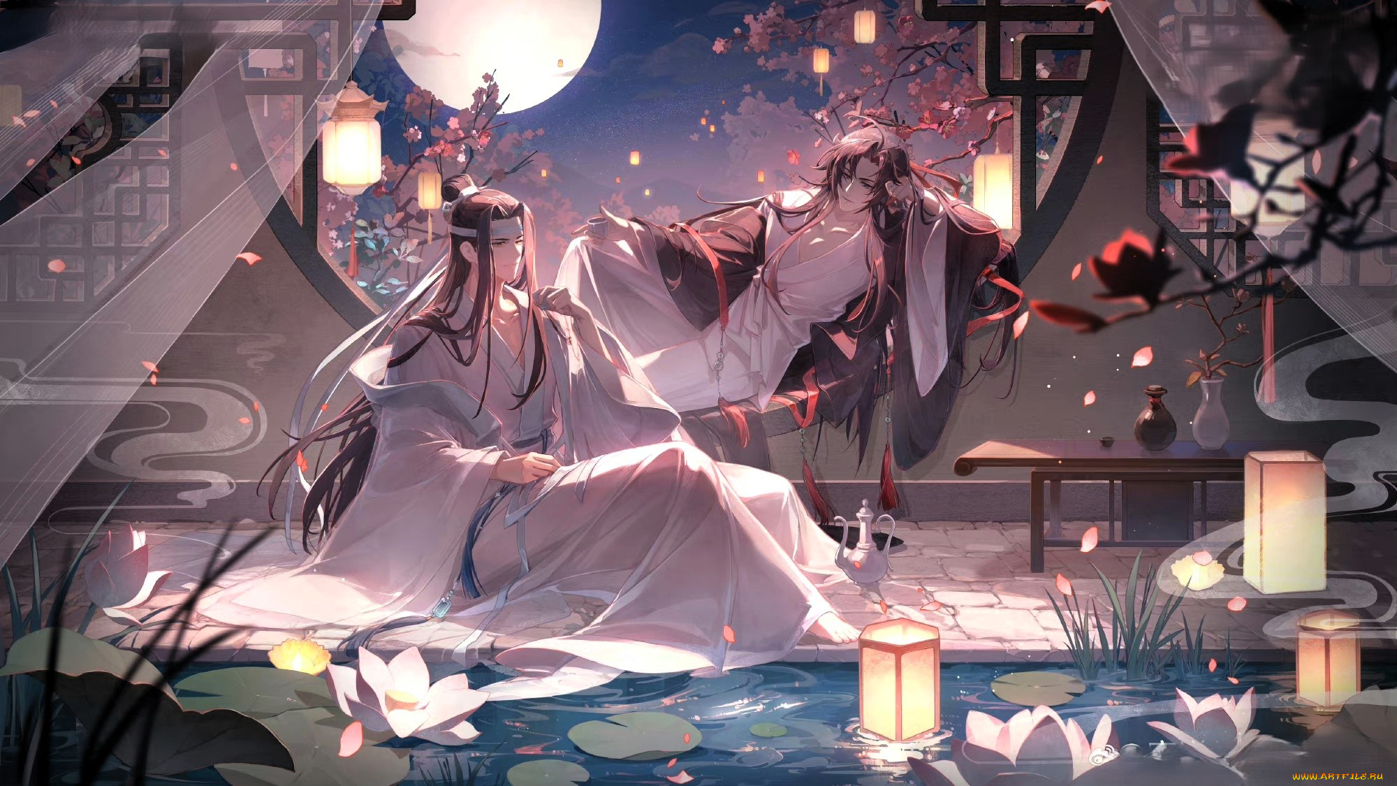 аниме, mo, dao, zu, shi, вэй, усянь, лань, ванцзы, лотосы, фонари, окно, озеро
