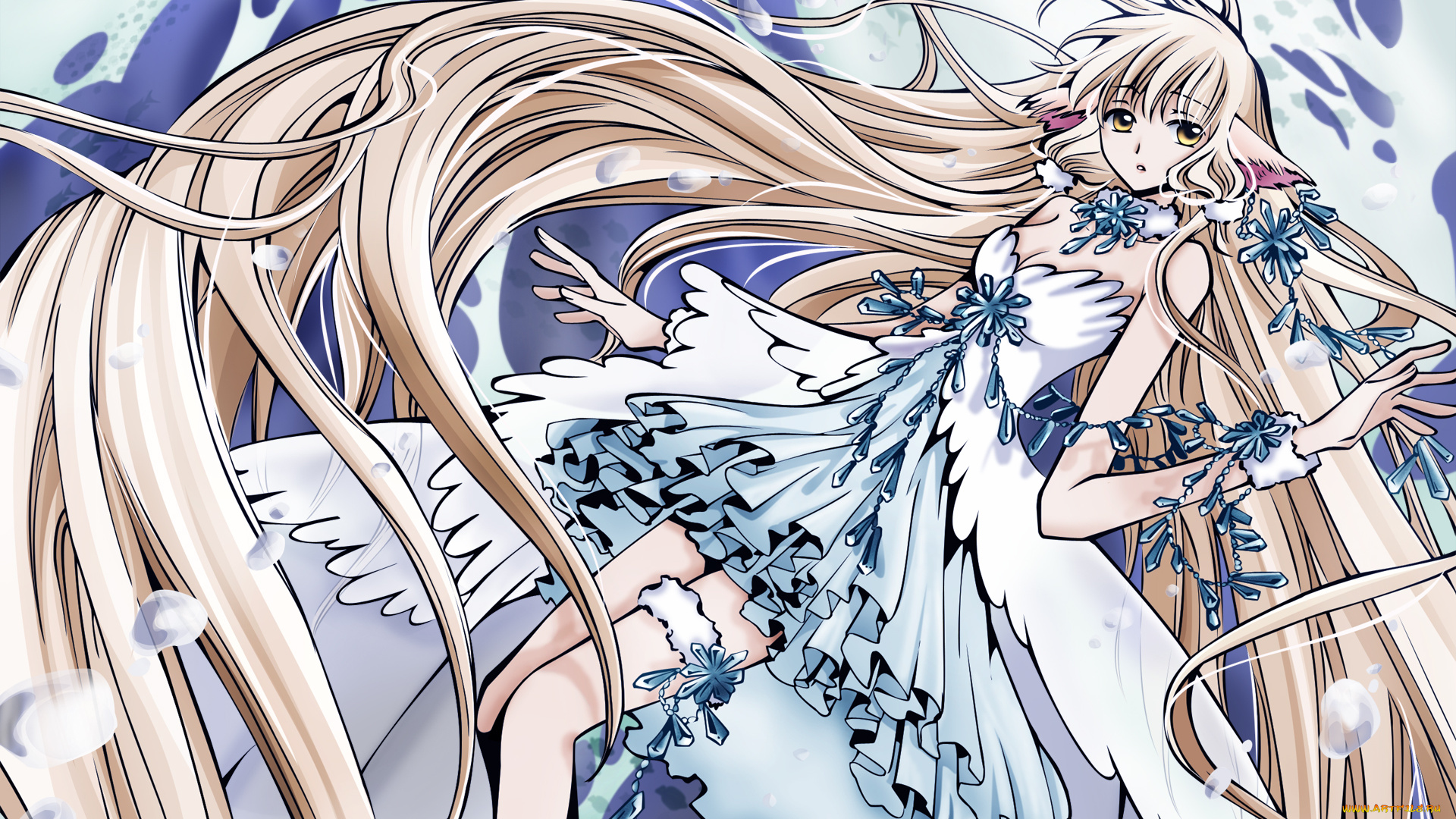 аниме, tsubasa, reservoir, chronicles, капли, вода, платье, девушка, chii, кристалл, chobits, ушки