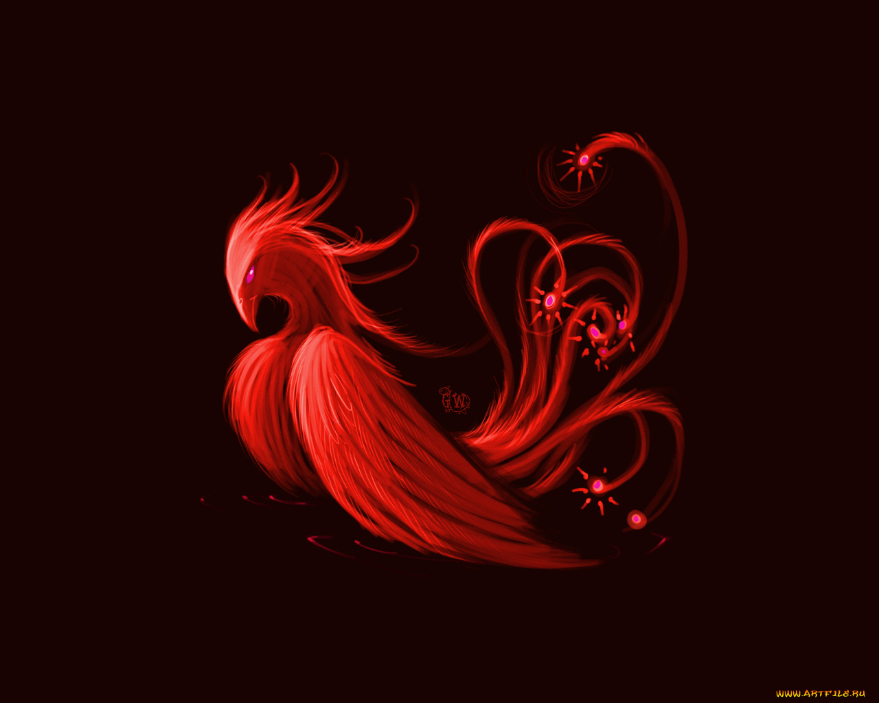 векторная, графика, искры, огненный, красный, феникс, птица