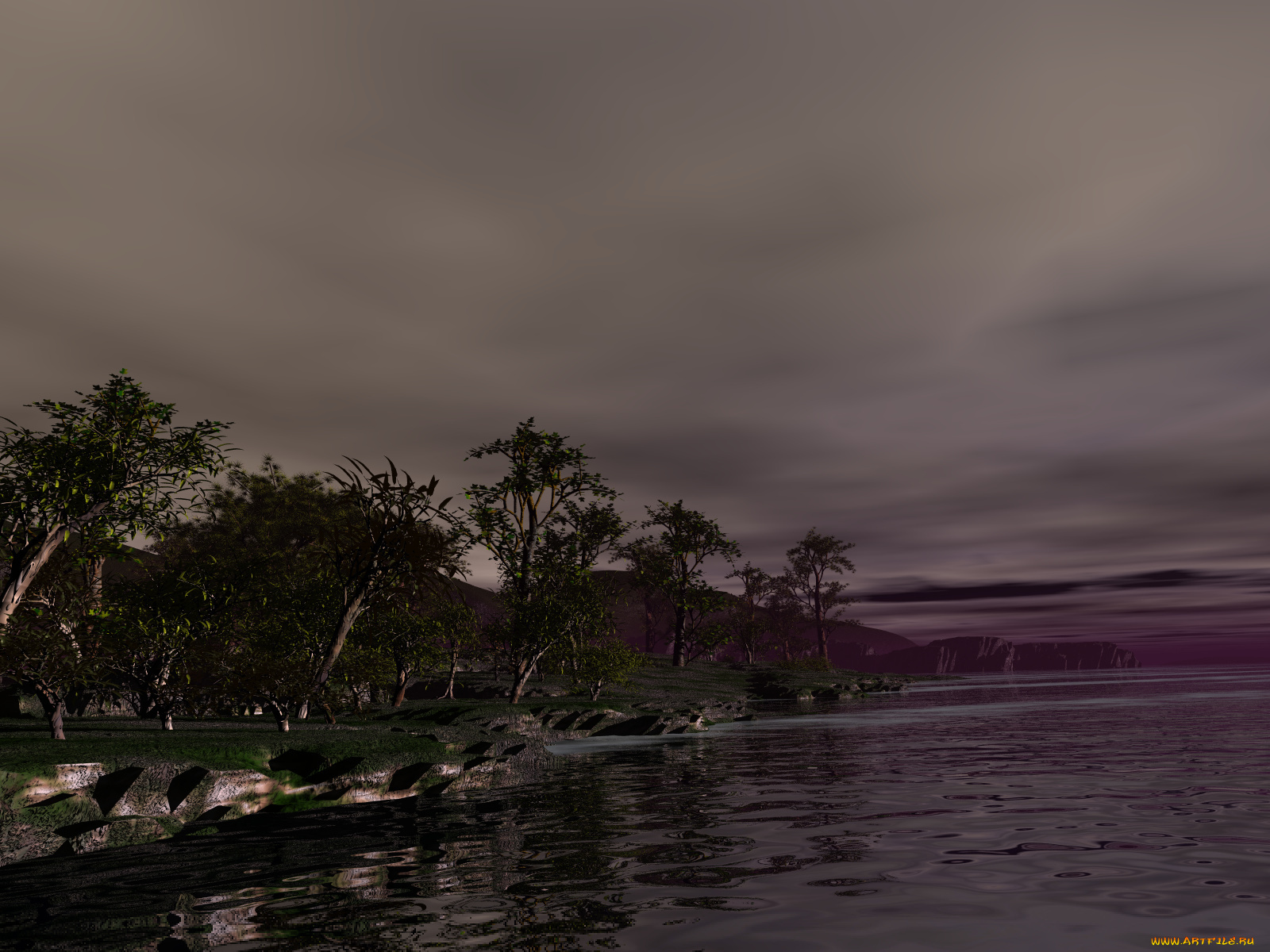 3д, графика, nature, landscape, природа, деревья, река, камни