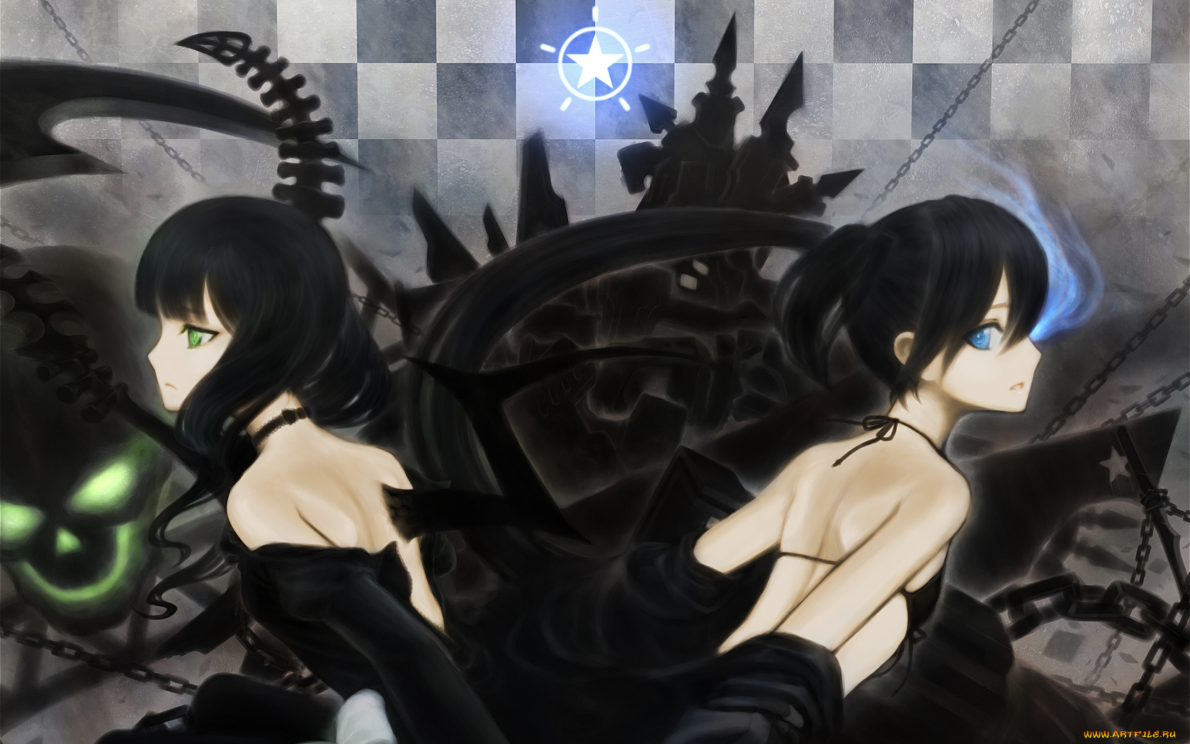 аниме, black, rock, shooter, бант, череп, звезда, цепи