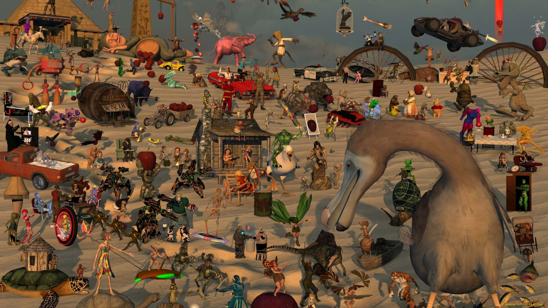 3д, графика, fantasy, фантазия, птицы, звери, люди