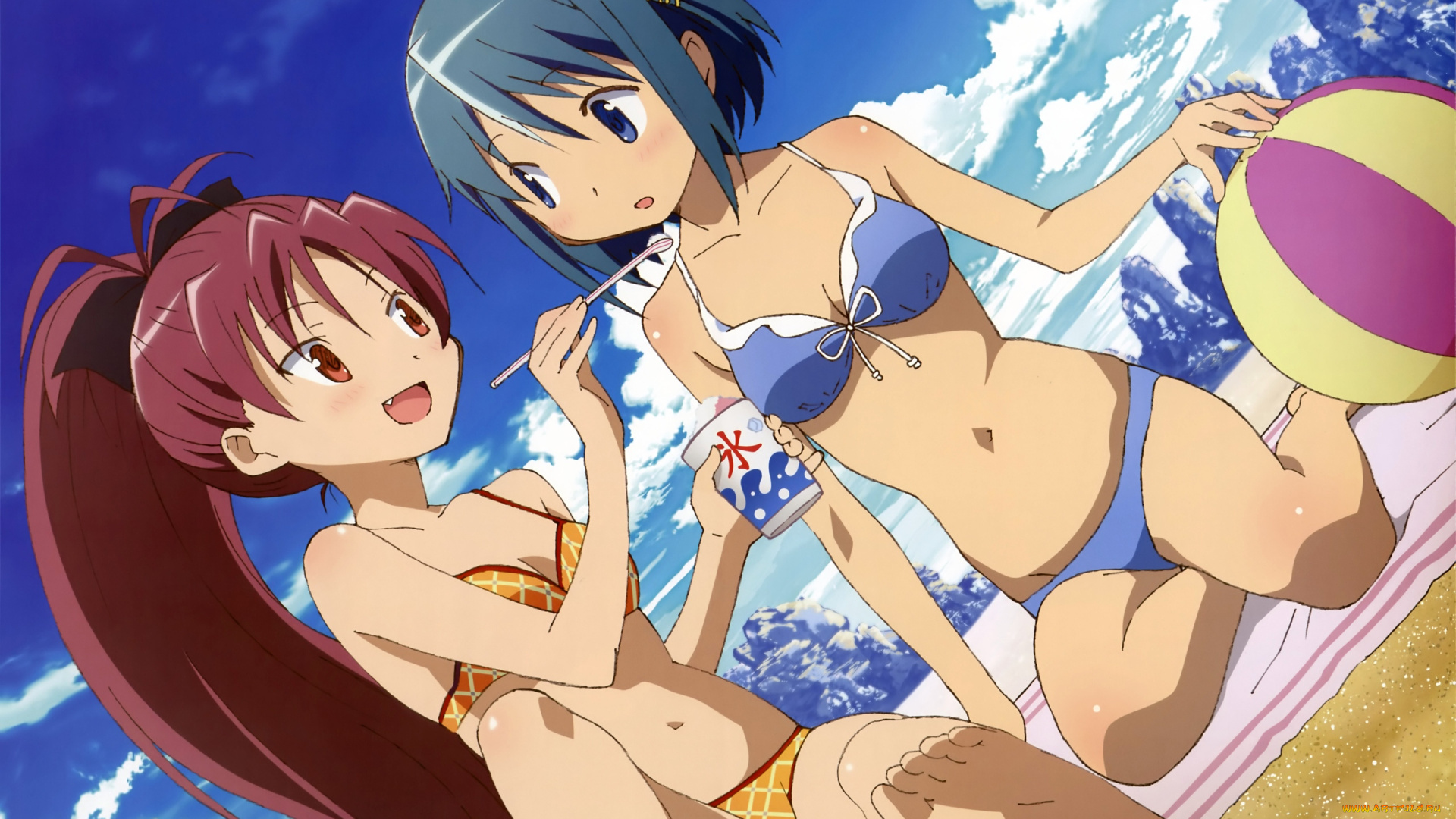 аниме, mahou, shoujo, madoka, magika, , пляж, девушки