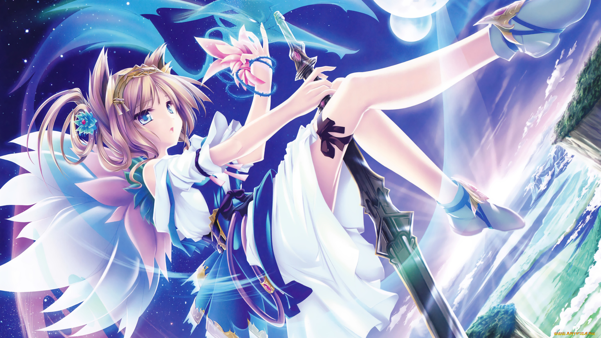 аниме, weapon, blood, technology, платья, меч, волшебница, девушка